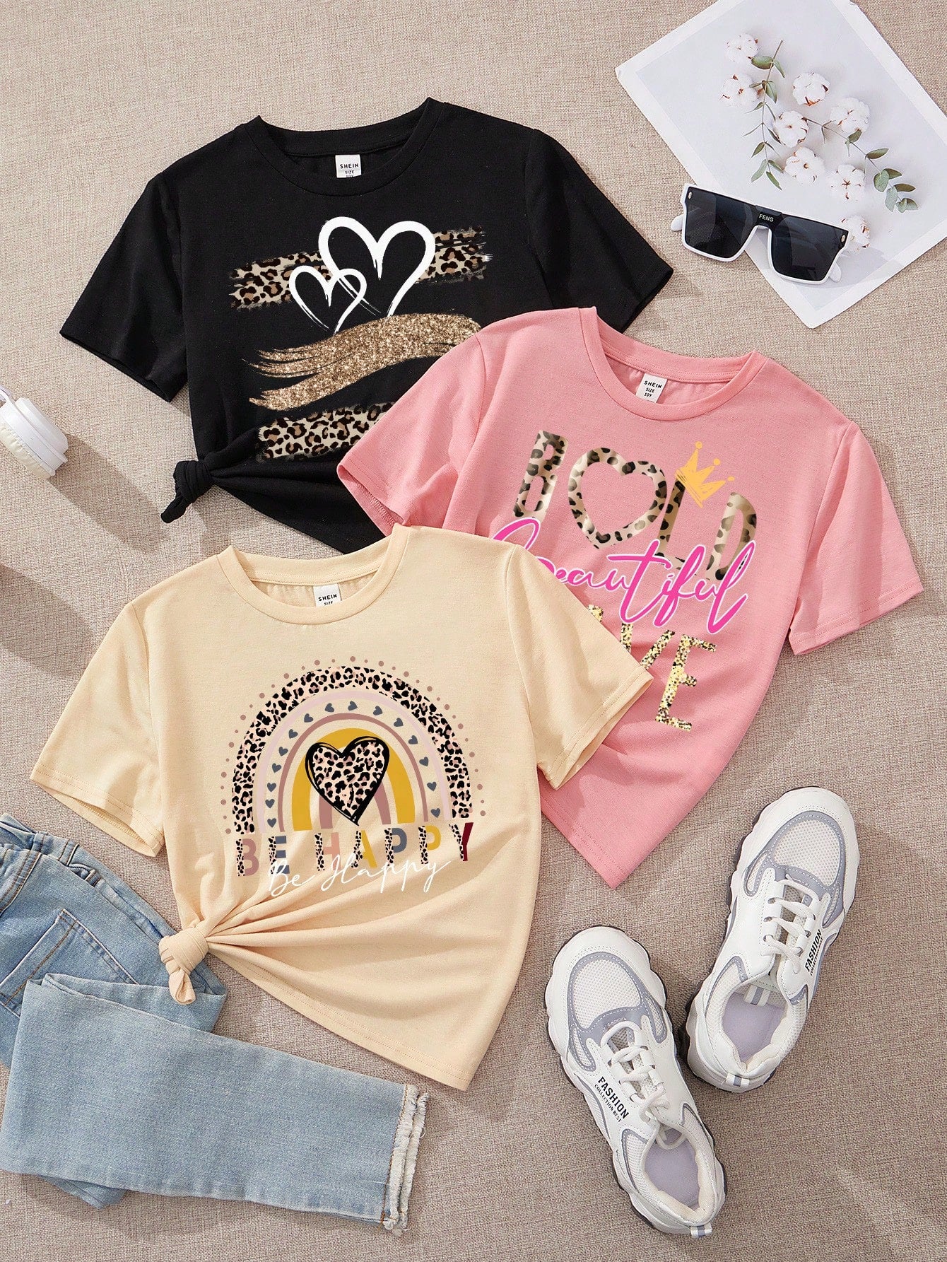 Tween Girl Casual Simple Cartoon Printed T-Shirt 3pcs/Set, Black, Pink & Apricot, Suitable For Summer