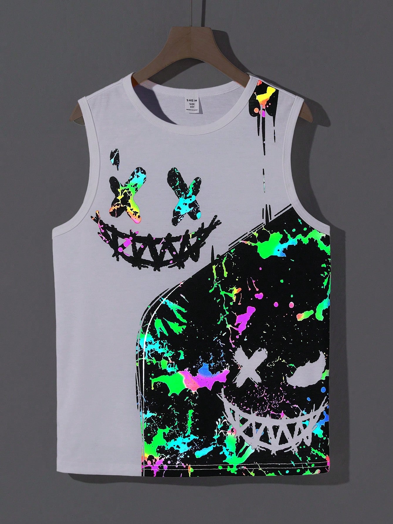 Tween Boy's Loose Fit Night Glow Ink Splash & Cartoon Expression Print Round Neck Tank Top With Wide Shoulder Straps