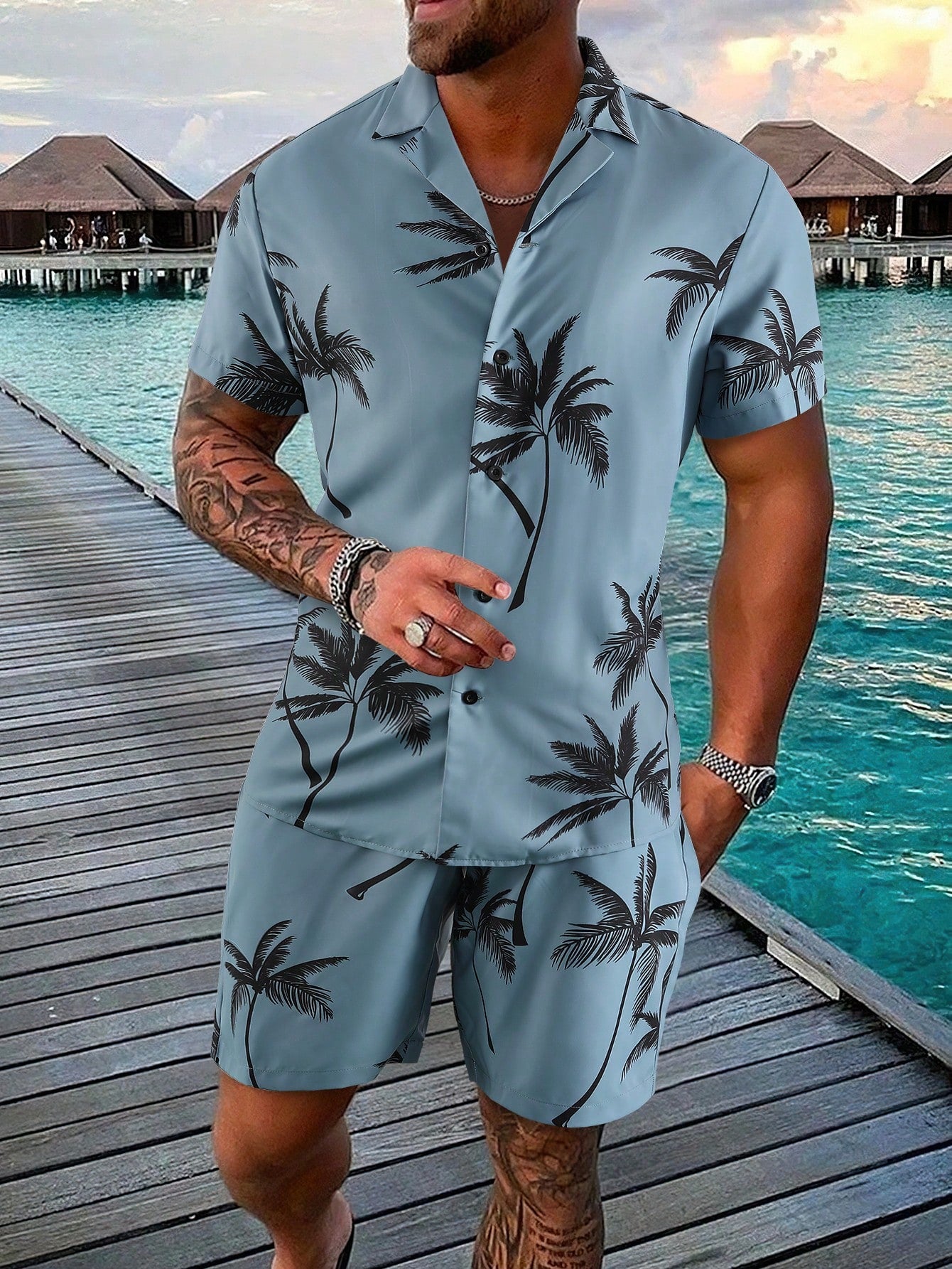 Men Random Palm Tree Print Shirt & Drawstring Waist Shorts Without Tee