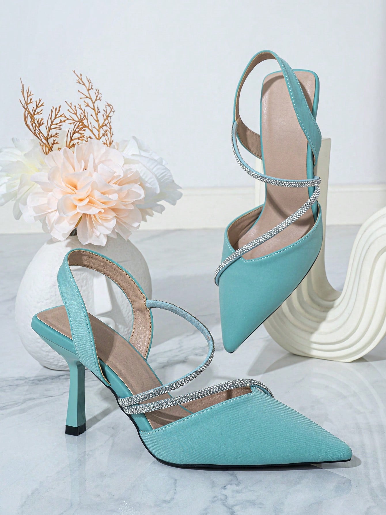 Fashionable Women's High Heels Pointed Toe Shoes With Ankle Strap & Rhinestone Details