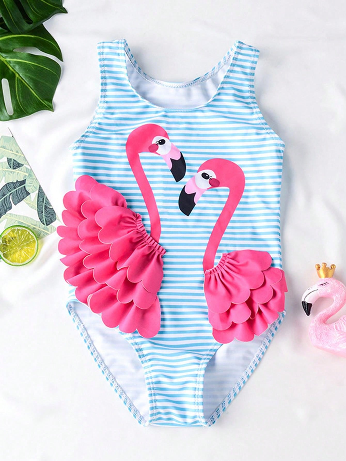 Young Girl Summer Beach Striped Flamingo Print One-Piece Swimsuit