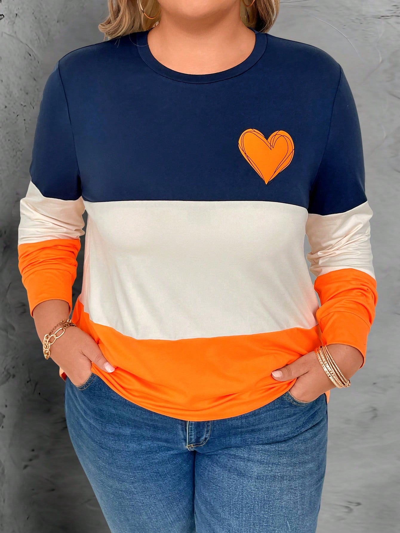 Plus Size Women's Heart Pattern Three-Color Splicing T-Shirt