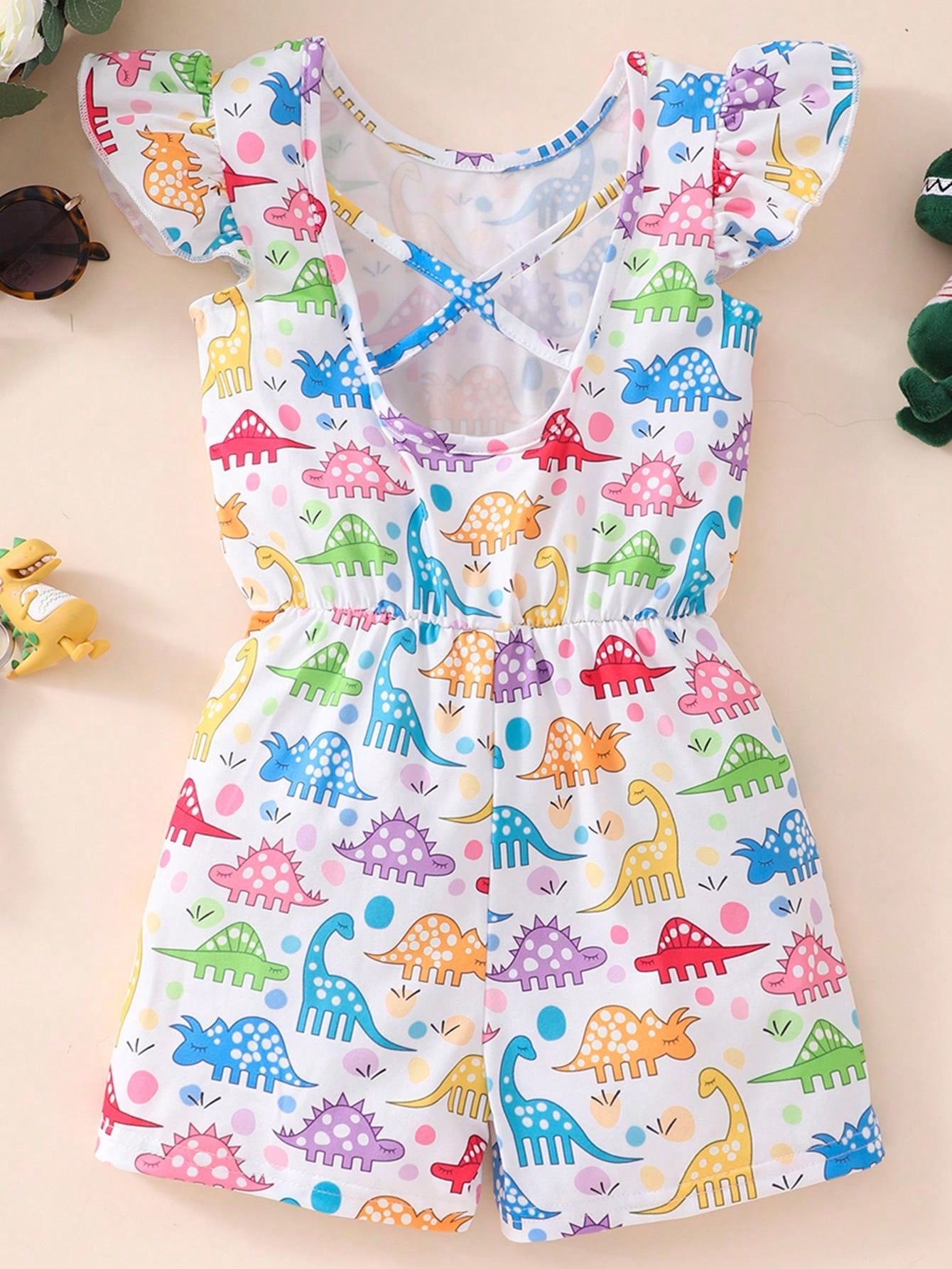 Young Girls' Flounced Sleeve Cartoon Dinosaur Print Cross Back Romper