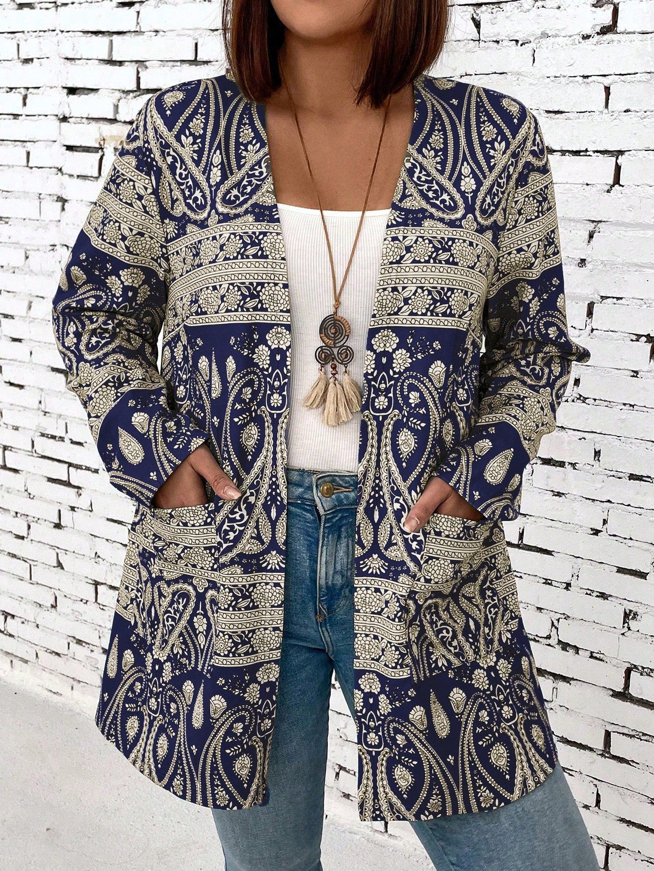 Plus Size Paisley Printed Open Front Casual Jacket