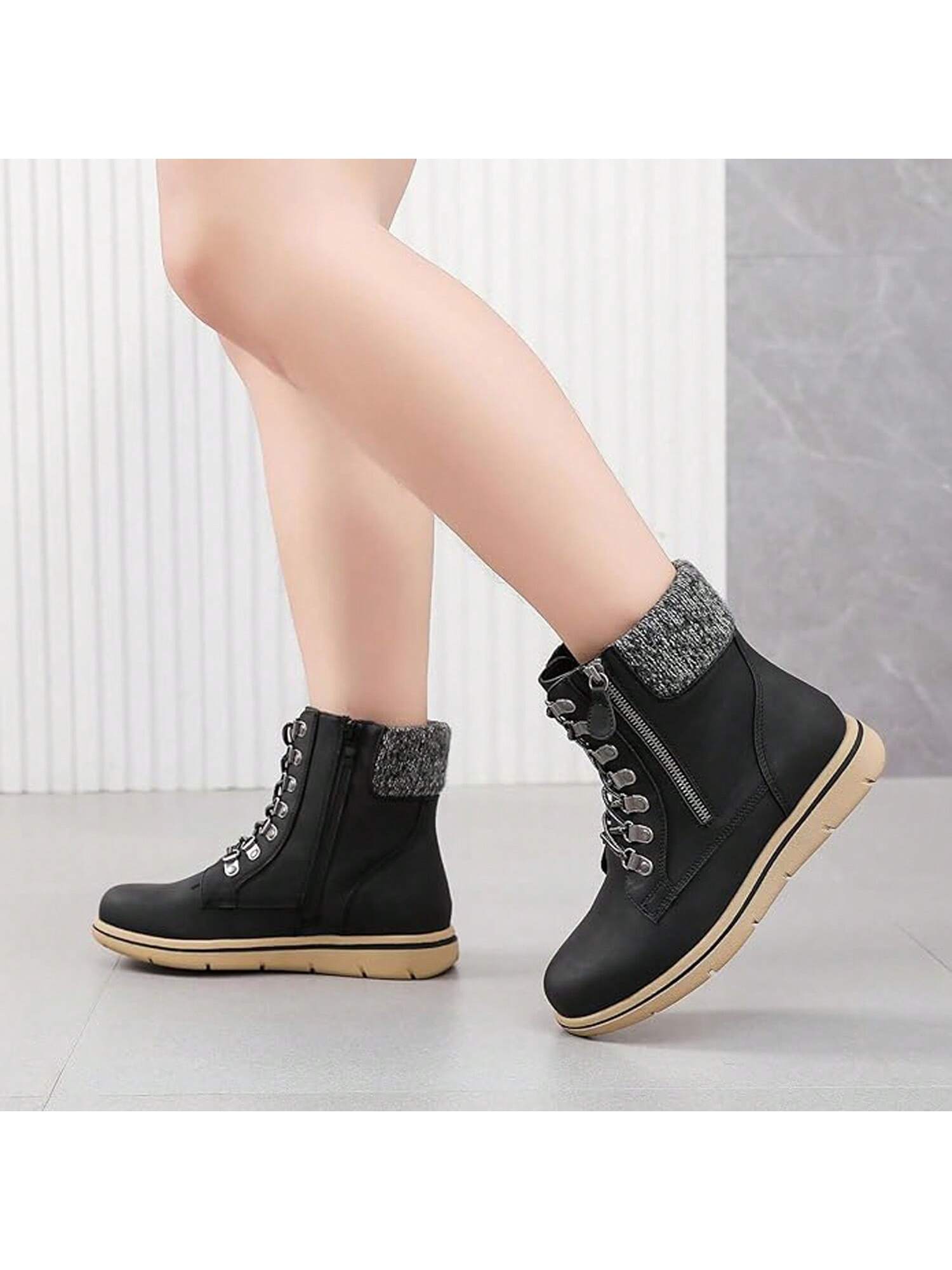 Women's Wide Width Ankle Boots, Flat Heel Lace Up Boots Plus Size Short Booties With Side Zipper