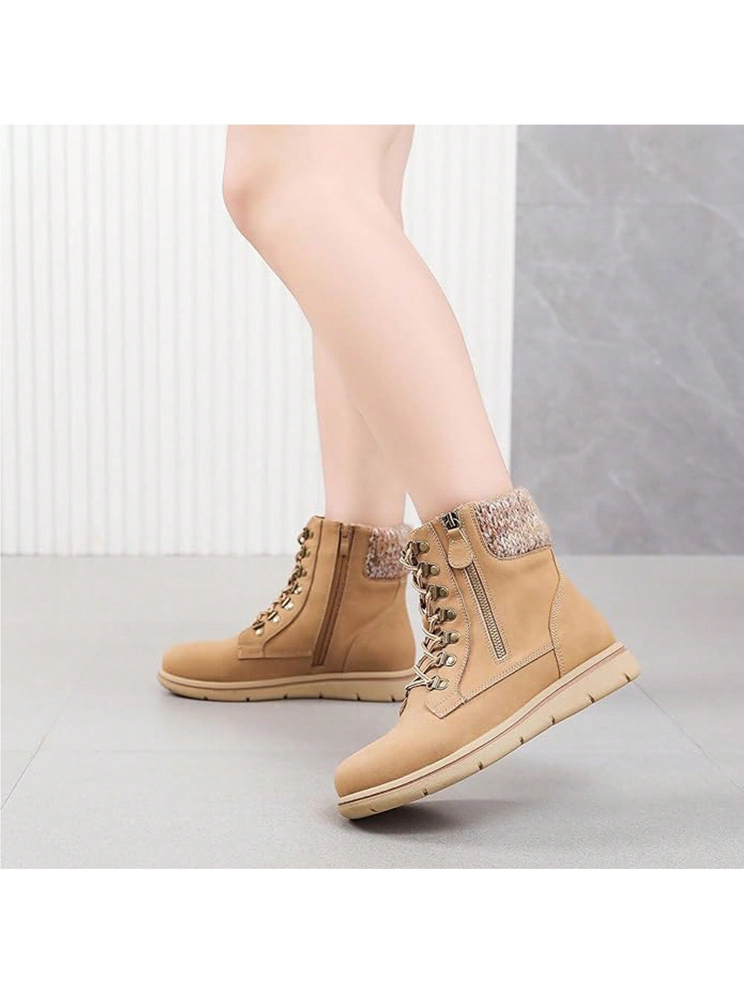 Women's Wide Width Ankle Boots, Flat Heel Lace Up Boots Plus Size Short Booties With Side Zipper