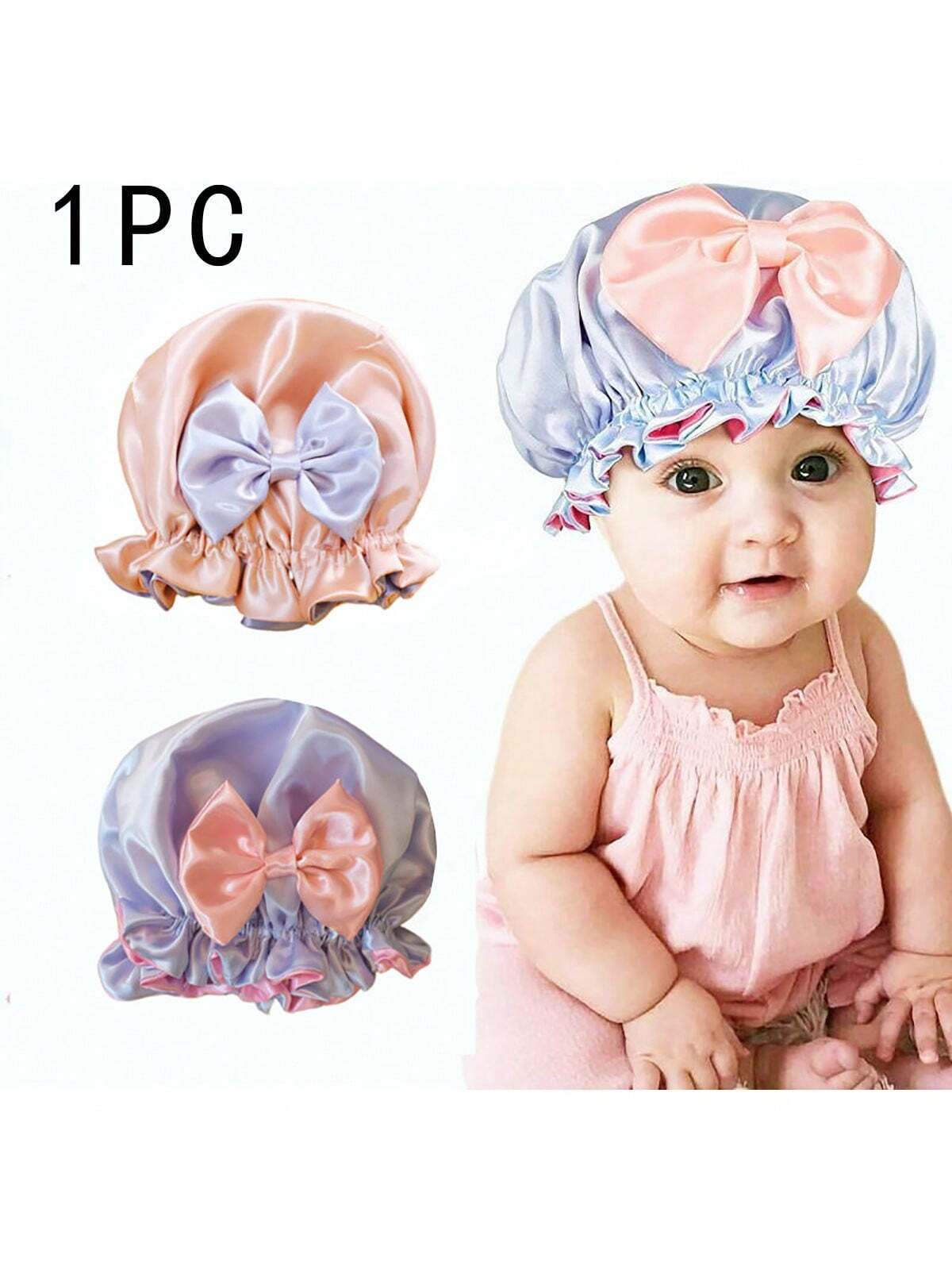 1pc Kids' Bow Hairdryer Cap, Double Layer Satin Bath Hats, Baby Dust-Proof Hat, Random Color