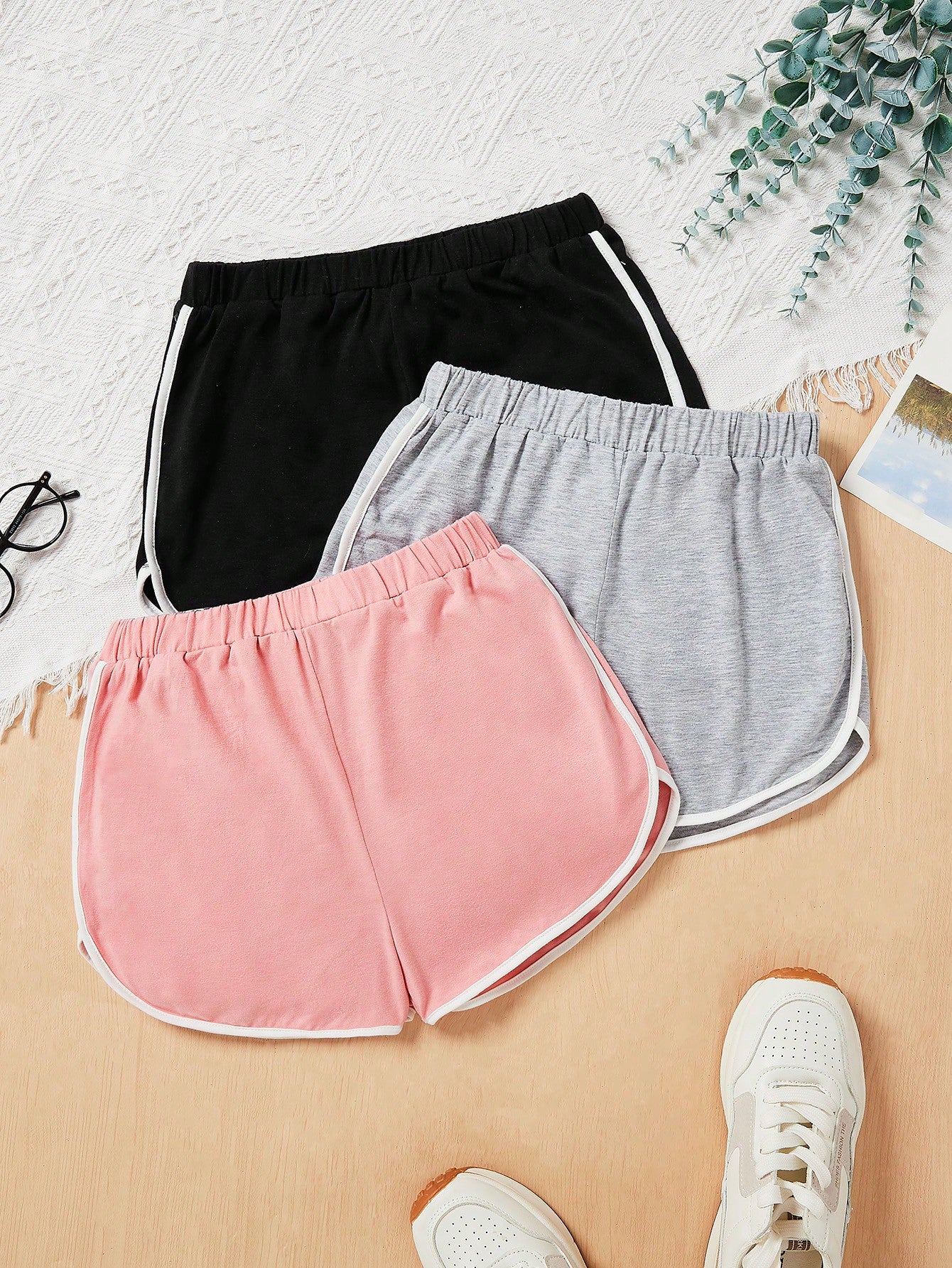 3pcs/Set Knitted Color-Block Loose-Fit Shorts With Contrast Hem For Tween Girls