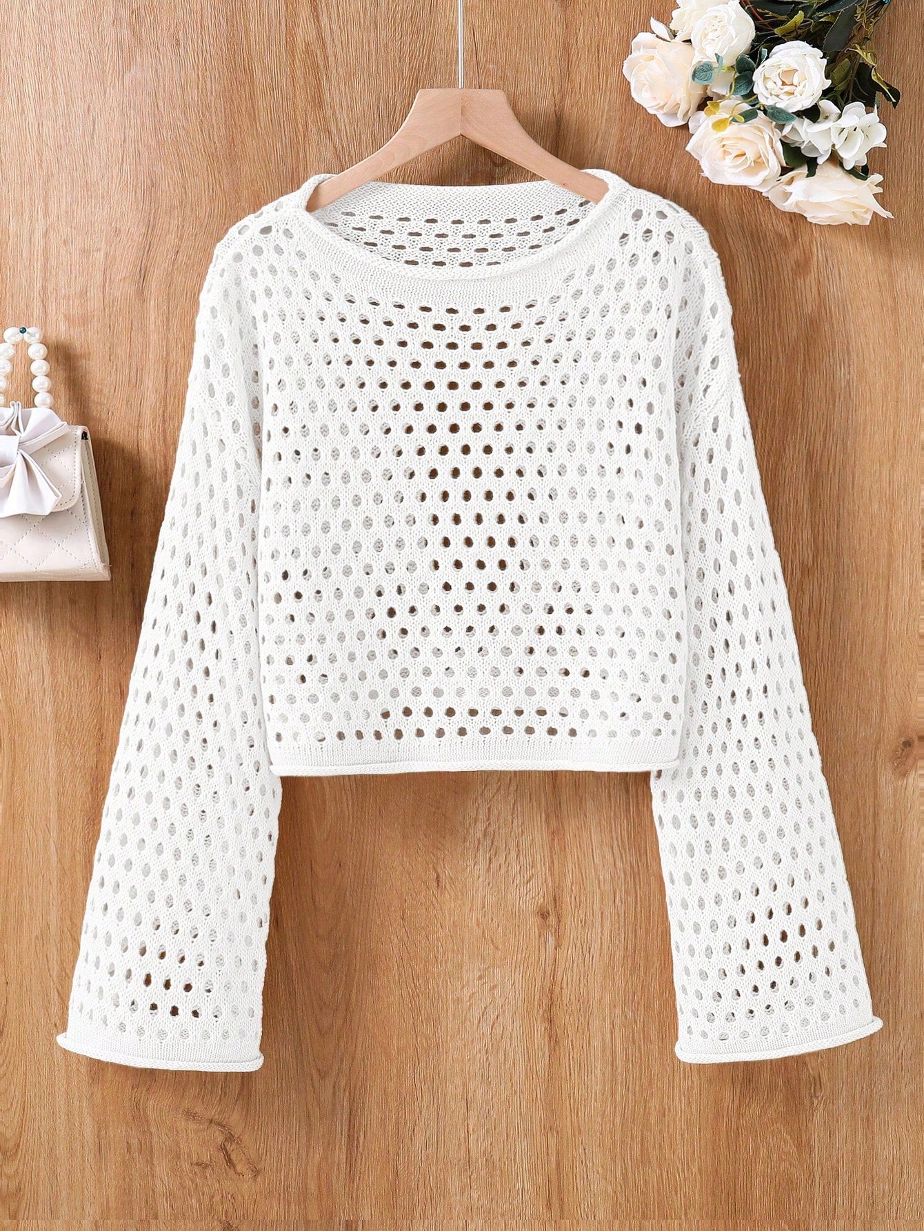 Teen Girl Solid Color Round Neck Perspective Sweater