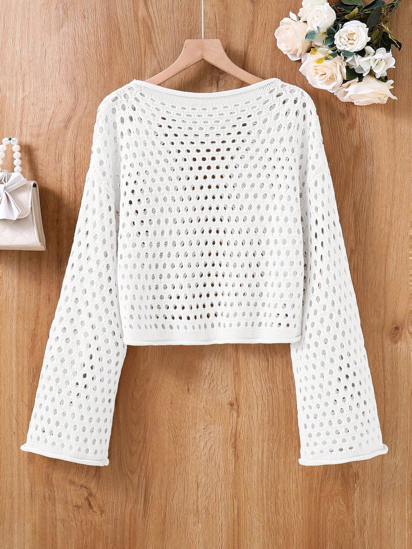 Teen Girl Solid Color Round Neck Perspective Sweater