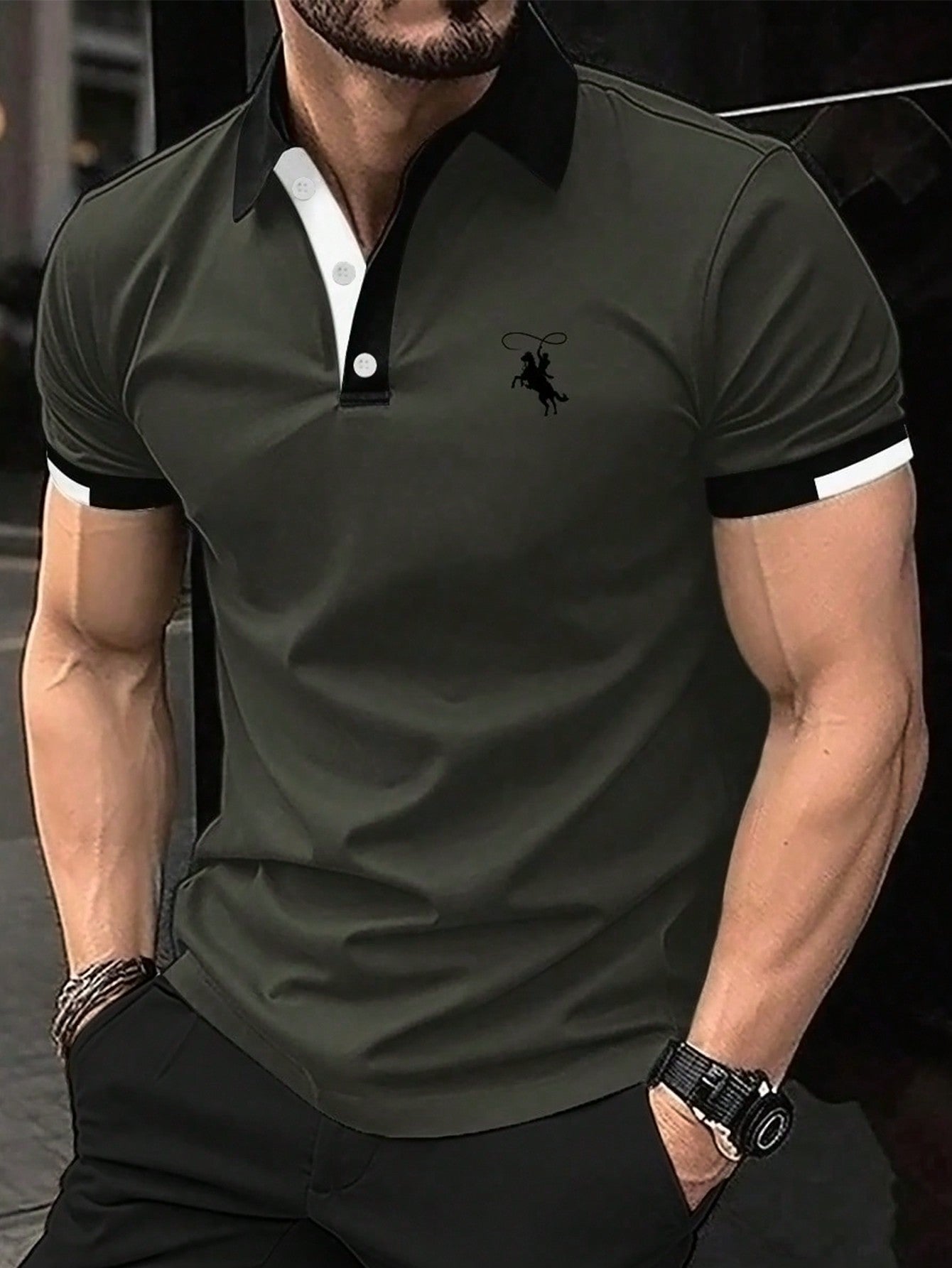 Men Horse Graphic Contrast Trim Polo Shirt