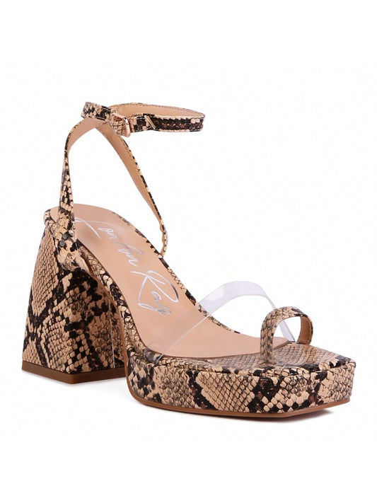 Such Snake Print Triangular Block Heel Sandals