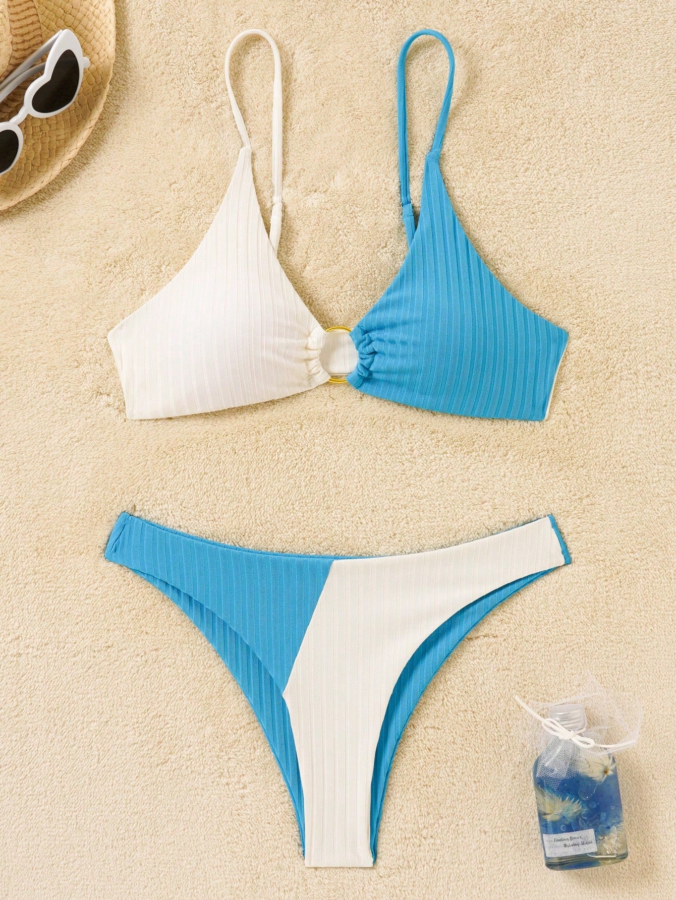 Swim Summer Beach Colorblock Textured Ring Linked Bikini