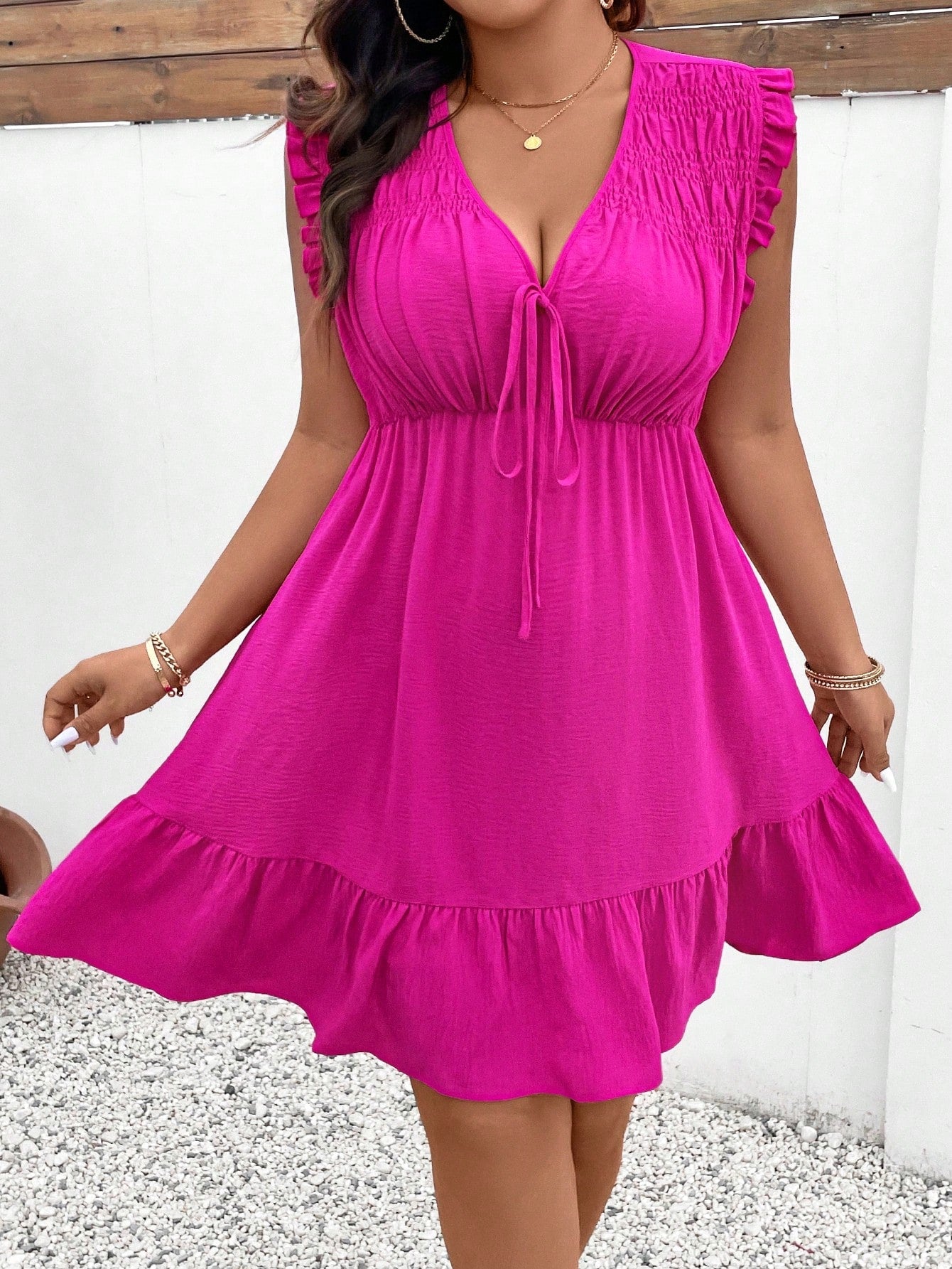 Plus Size Women's V-Neck Short Flutter Sleeve Dress