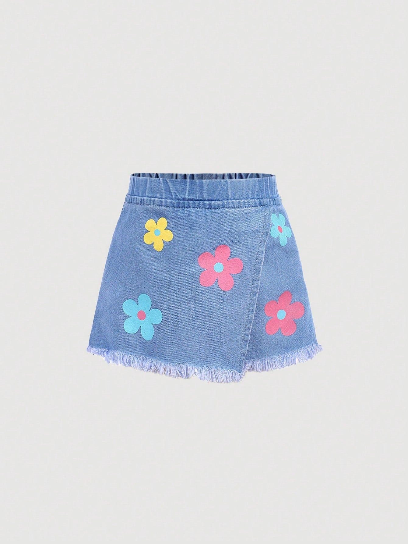 Little Girls' Washed Denim Shorts, Soft And Comfortable, Spring/Summer, Printed With Floral Pattern,Kids Summer Boho Break Clothes Outfits