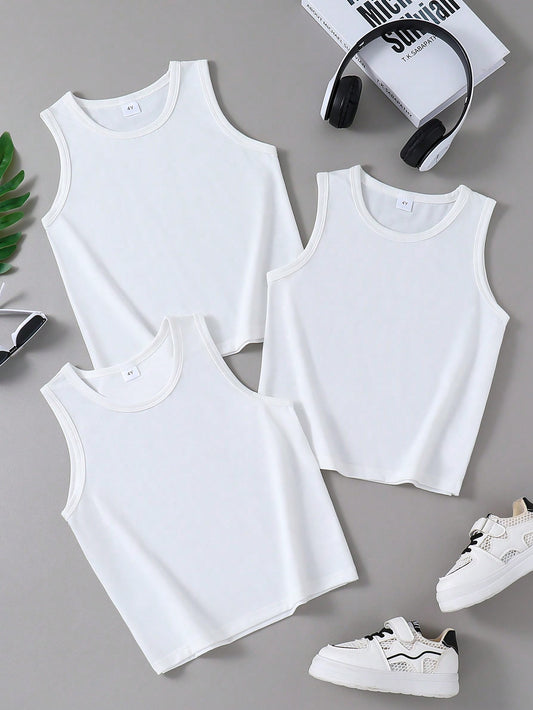 Young Boy 3pcs/Set Solid Color Round Neck Casual Summer Tank Tops