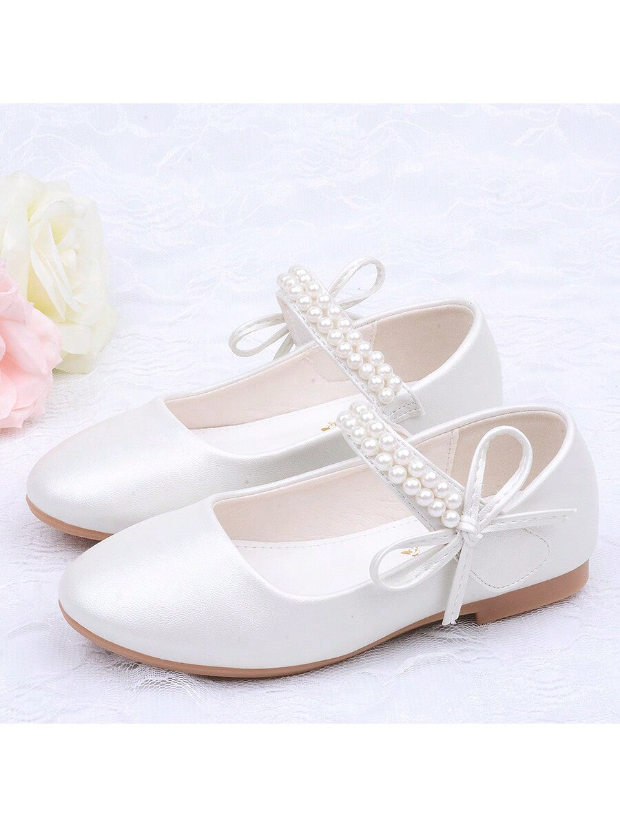 Girls' Pearl Decor Soft Bottom Princess Shoes For Piano Performance With White Dress