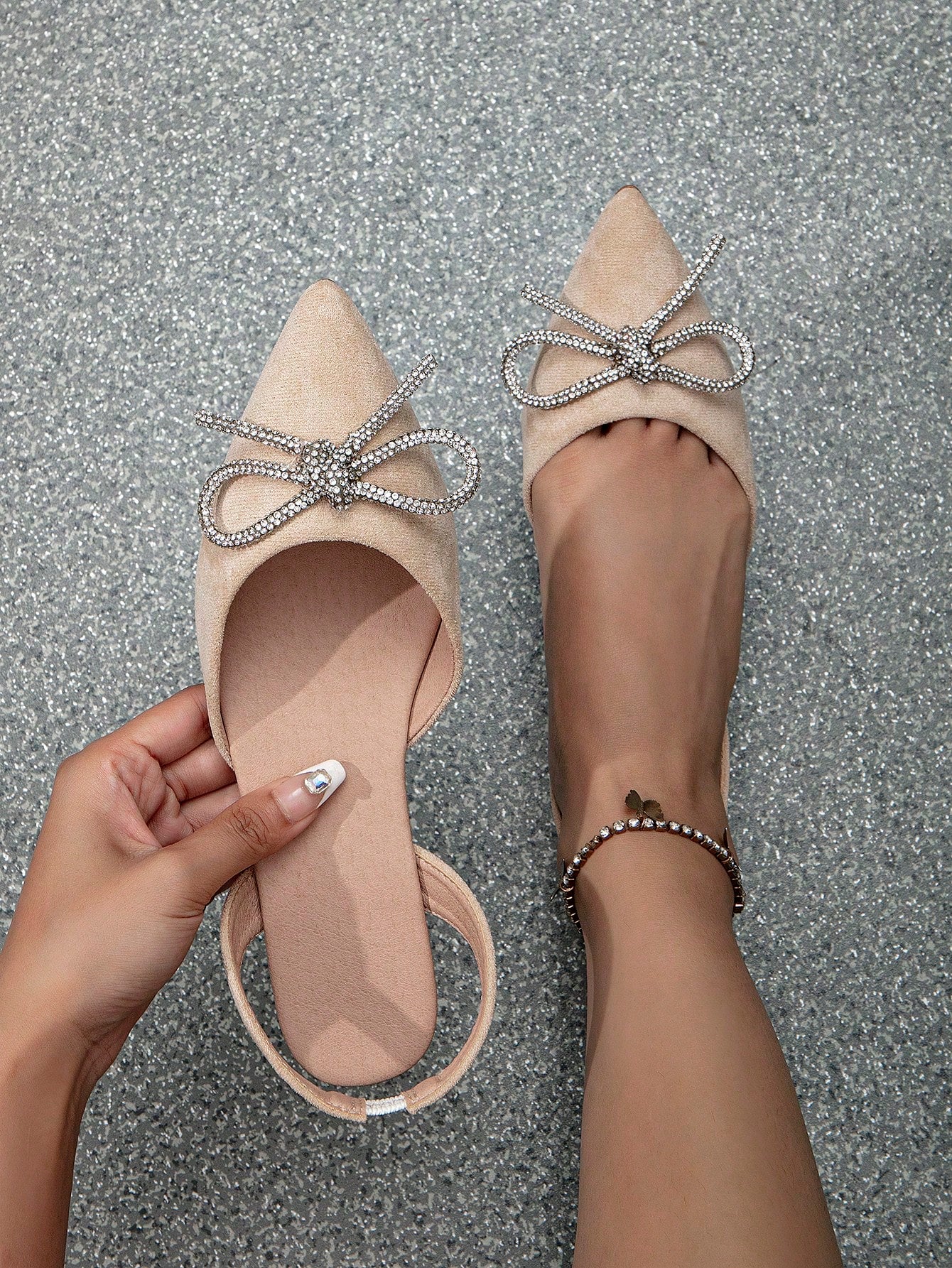 Women Rhinestone & Bow Decor Point Toe Slingback Flats, Glamorous Outdoor Satin Flat Shoes