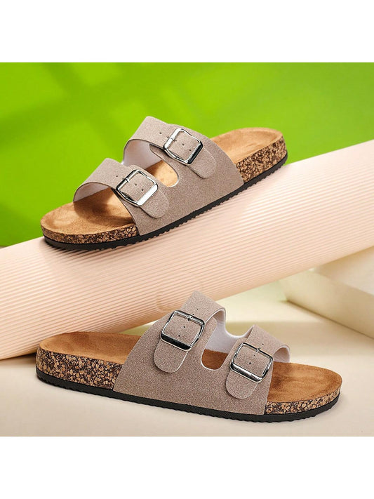 Summer Trendy Buckle Flat Slippers For Men And Women, Beach Slip On Open Toe Sandals, Outdoor Casual Comfortable Flats