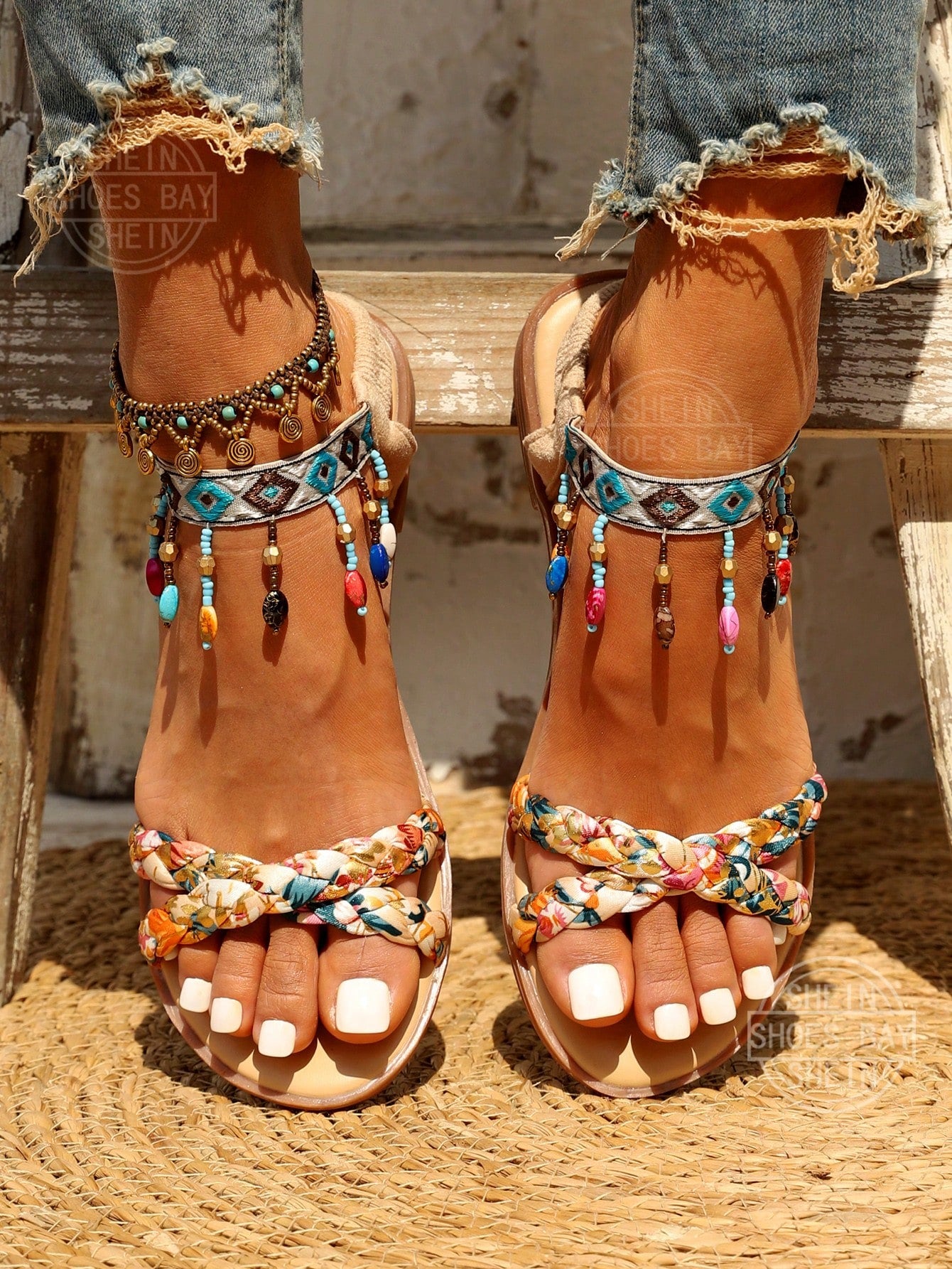 Women's Beaded Roman Bohemian Style Orange Flat Sandals For Beach Holiday