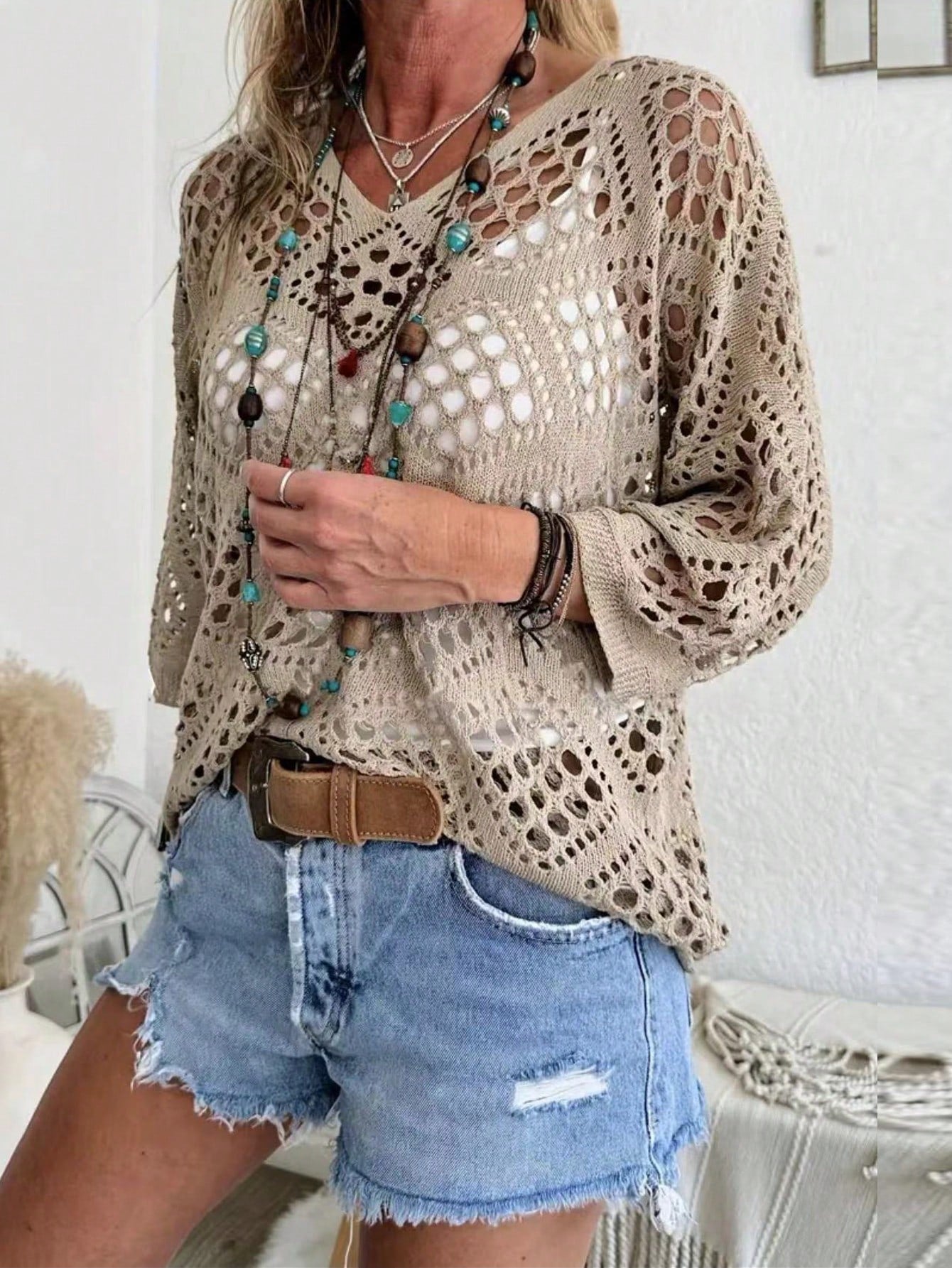 Plus Size Summer Hollow Out Loose Fit Pullover Knit Sweater For Vacation