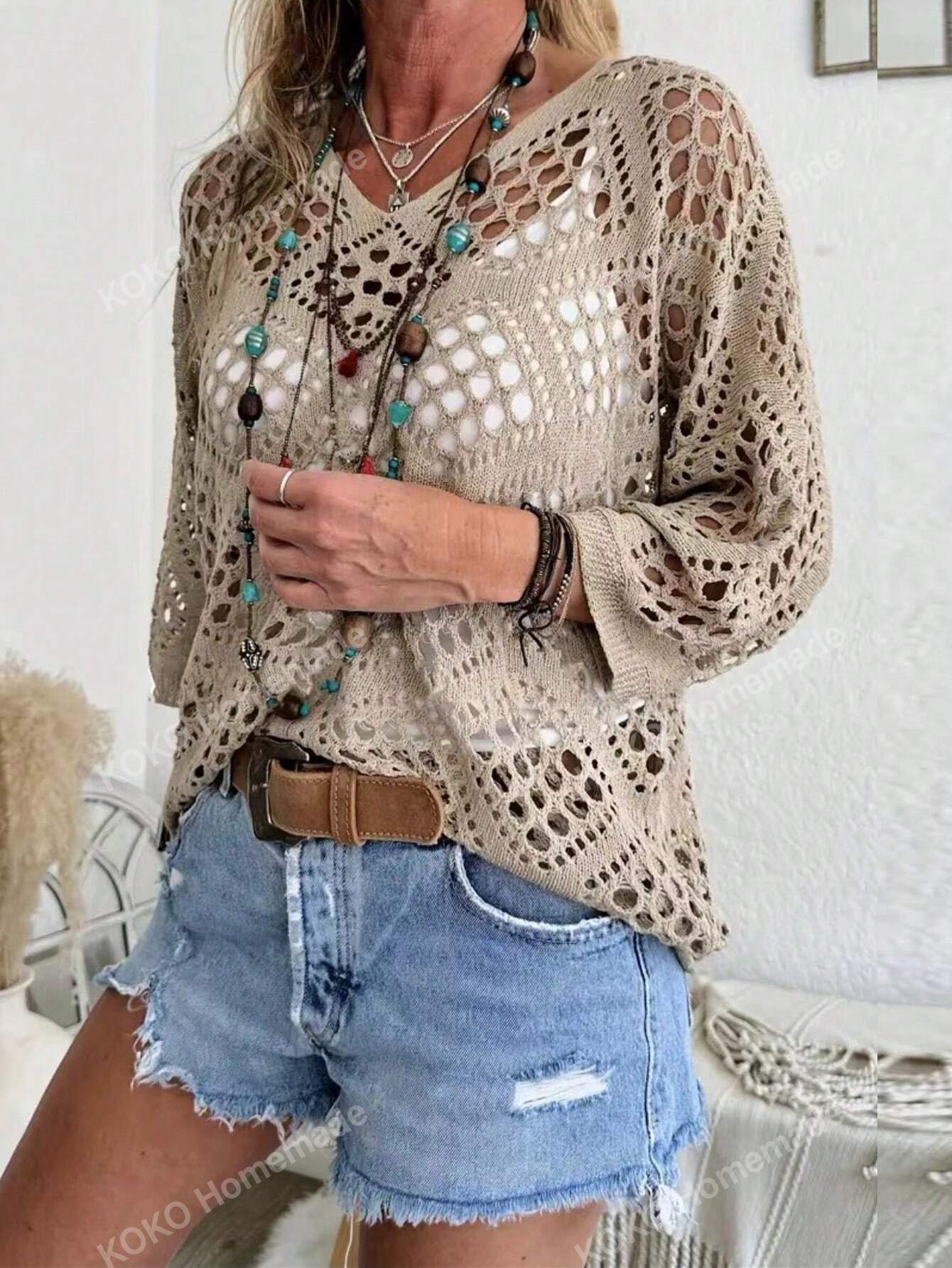 Plus Size Hollow-Out Loose Pullover Knitted Sweater For Casual Beach Vacation