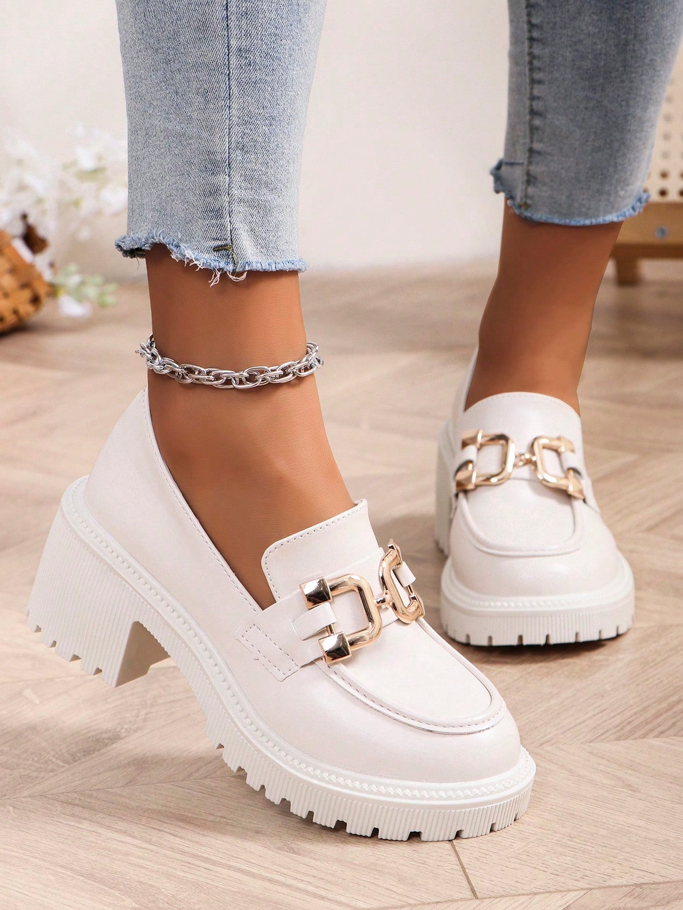 Women Wedge Heel & Thick Sole Shoes Beige Color Shoes With Metallic Buckle Decoration Mary Jane Loafers