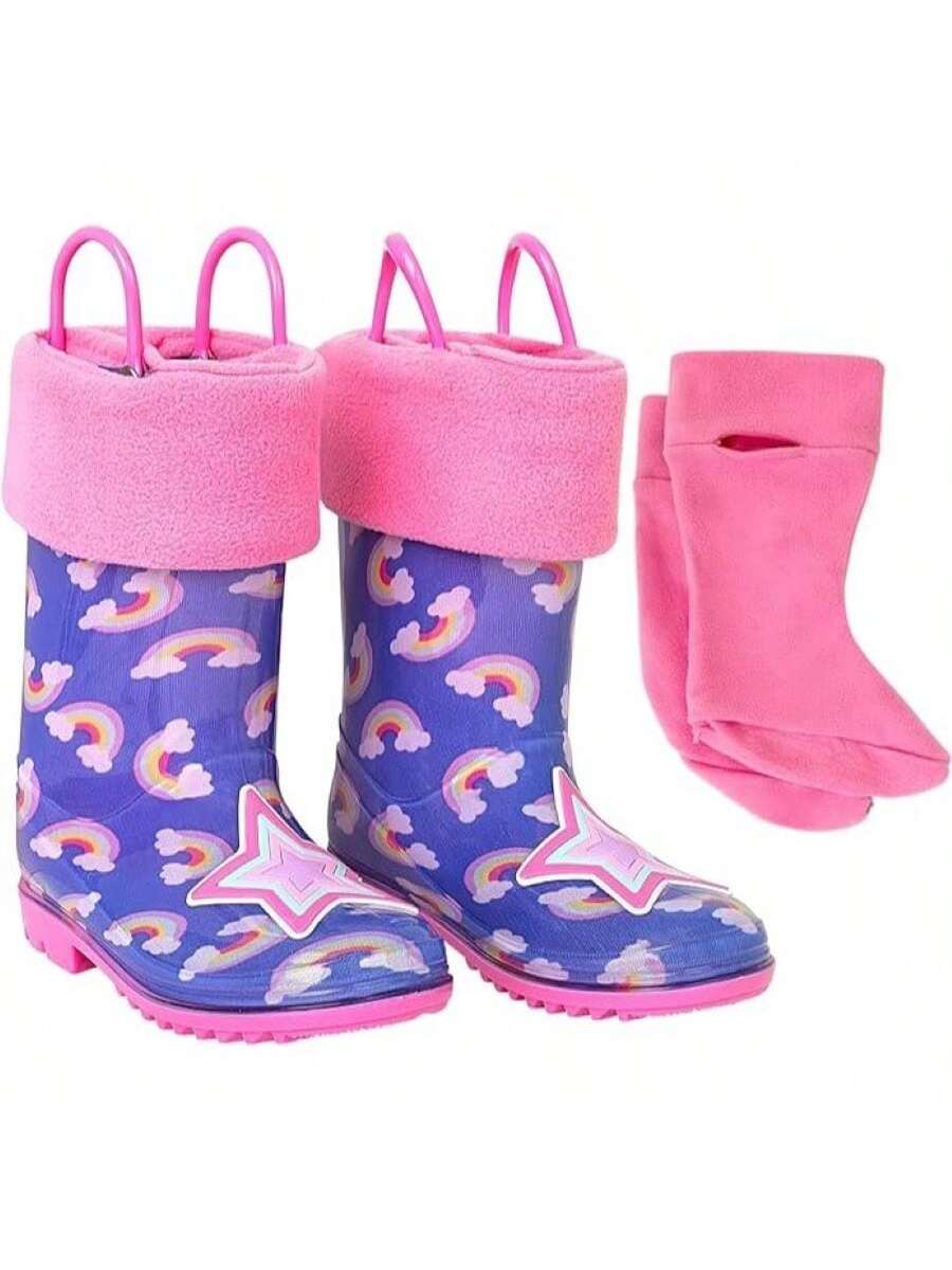 Toddler Girls Rain Boots With Sock, Kids Rubber Boots- Size 8T To 12 Years