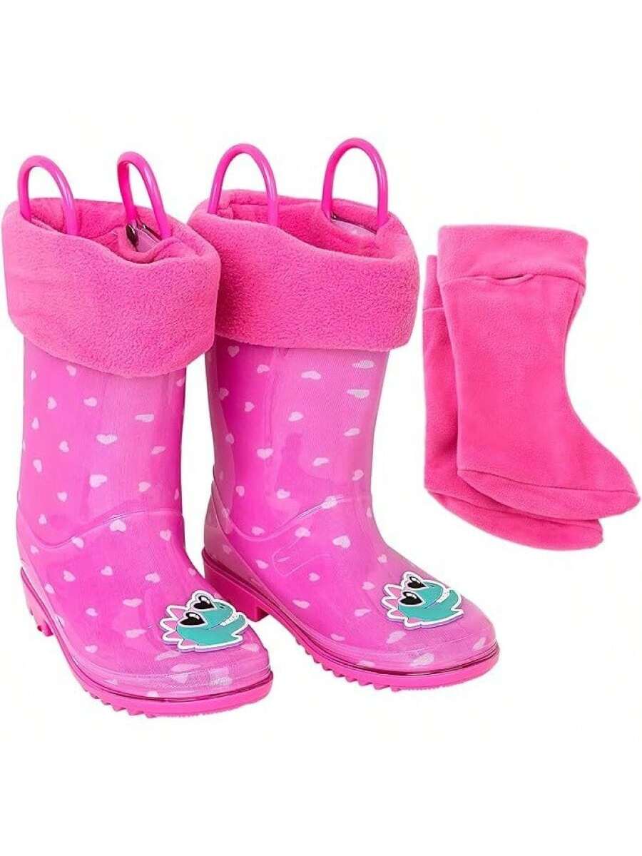 Toddler Girls Rain Boots With Sock, Kids Rubber Boots- Size 8T To 12 Years