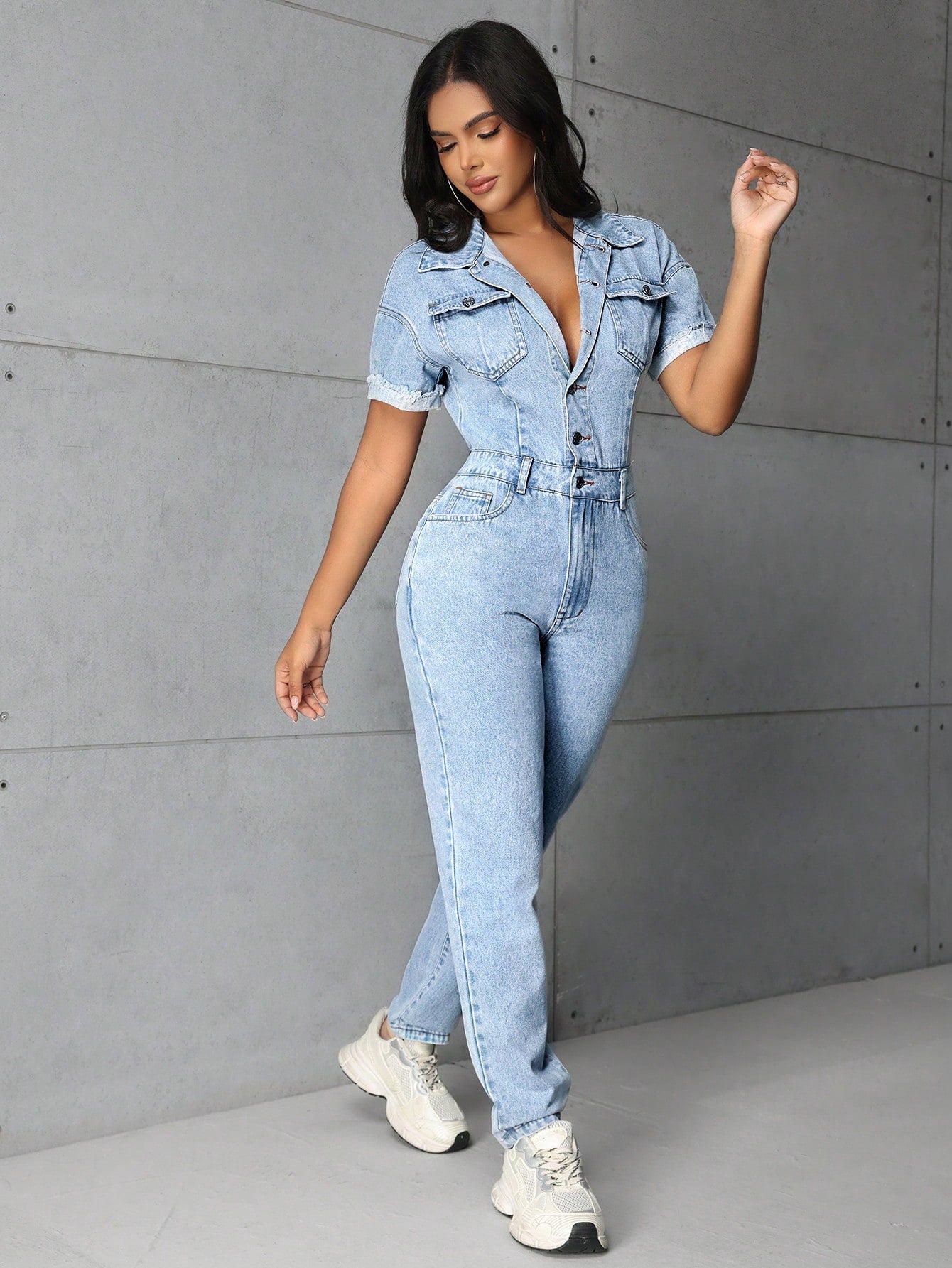 Women's Fashionable Short Sleeve Denim Jumpsuit With Pocket Design