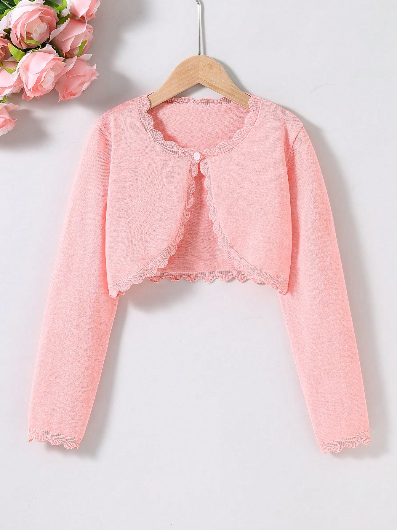 Tween Girls' Minimalist Fashion Solid Color Shell Edge Cardigan Sweater