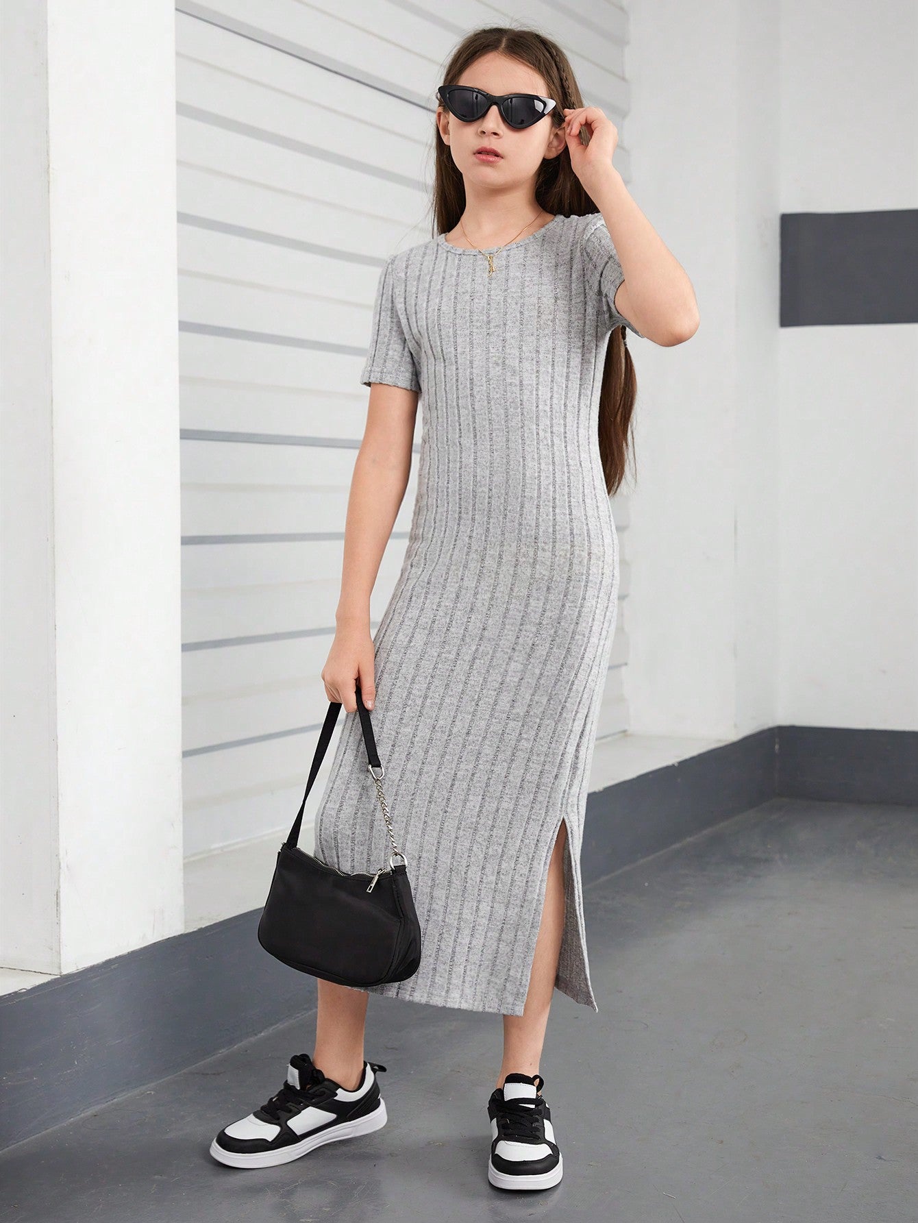 Tween Girls Comfortable Vertical Ribbed Long Split Dress For Summer