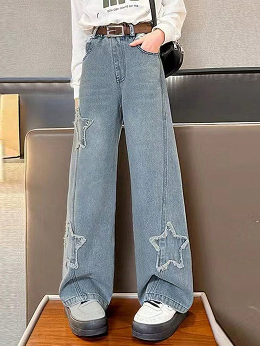 Tween Girls' Blue Jeans With Five-Pointed Star Patchwork, Straight Leg Wide Leg Denim Pants