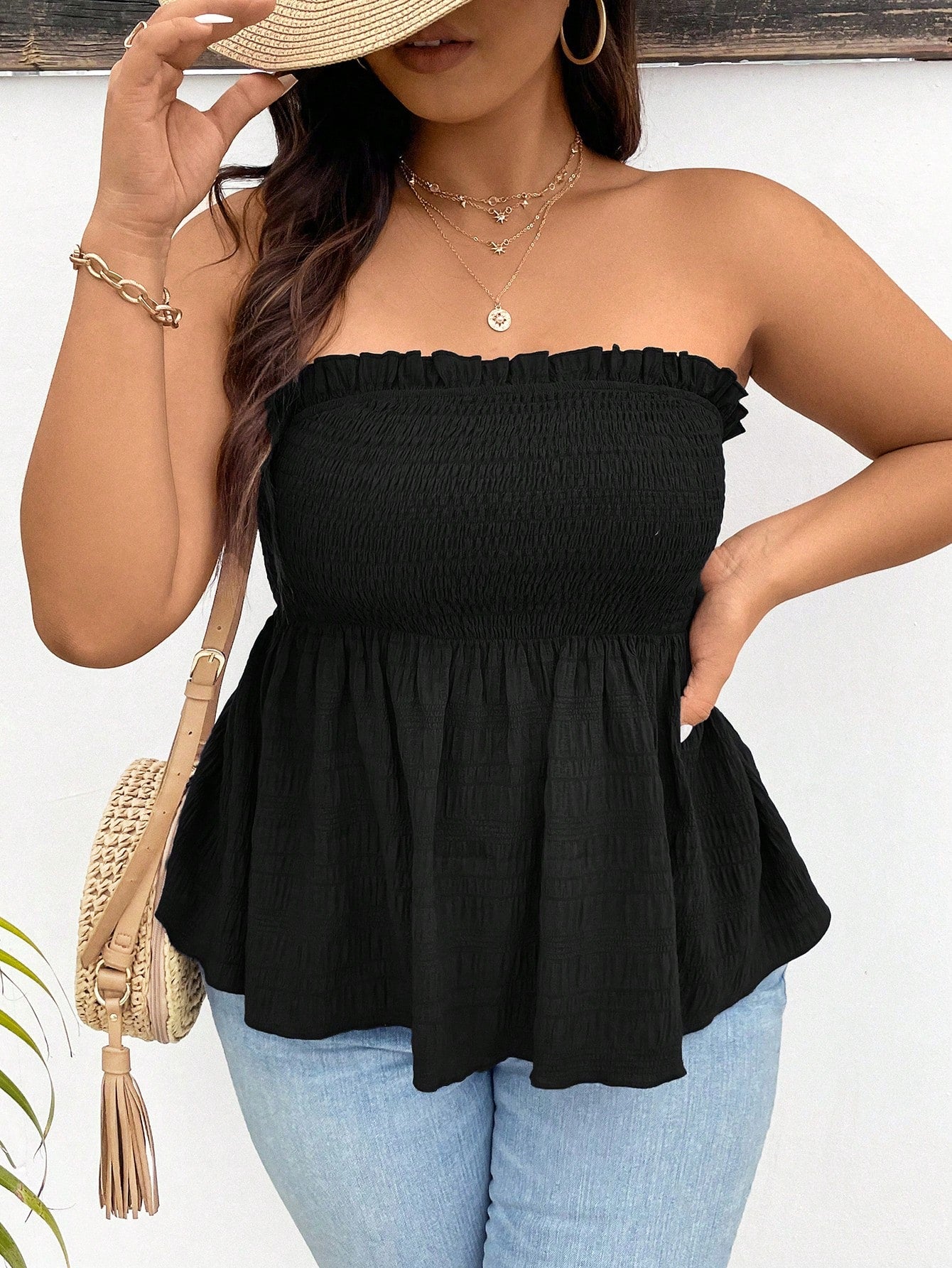 Frenchy Plus Size Solid Color Shirred Bodice Strapless Top