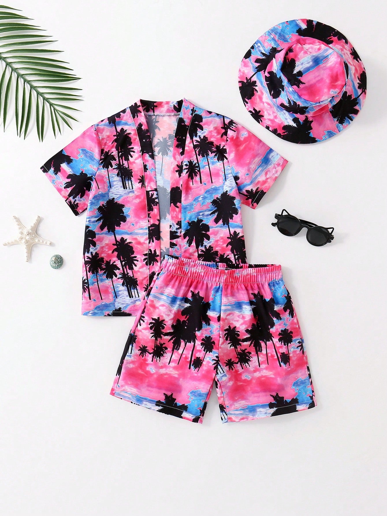 Young Boy Tropical Print Kimono & Swim Shorts & Swim Cap