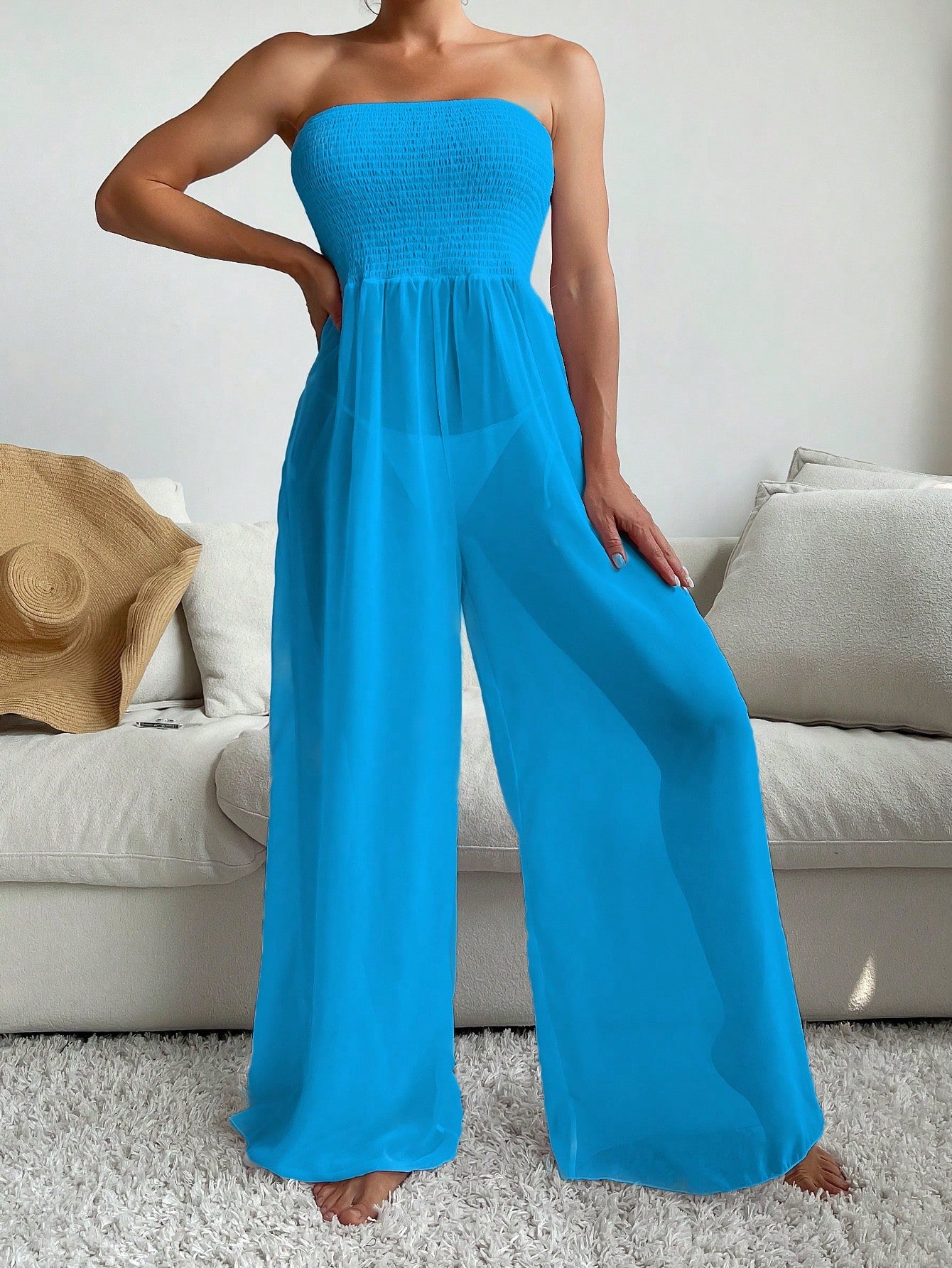 Swim Summer Beach Women's Solid Color Strapless Cover Up Jumpsuit