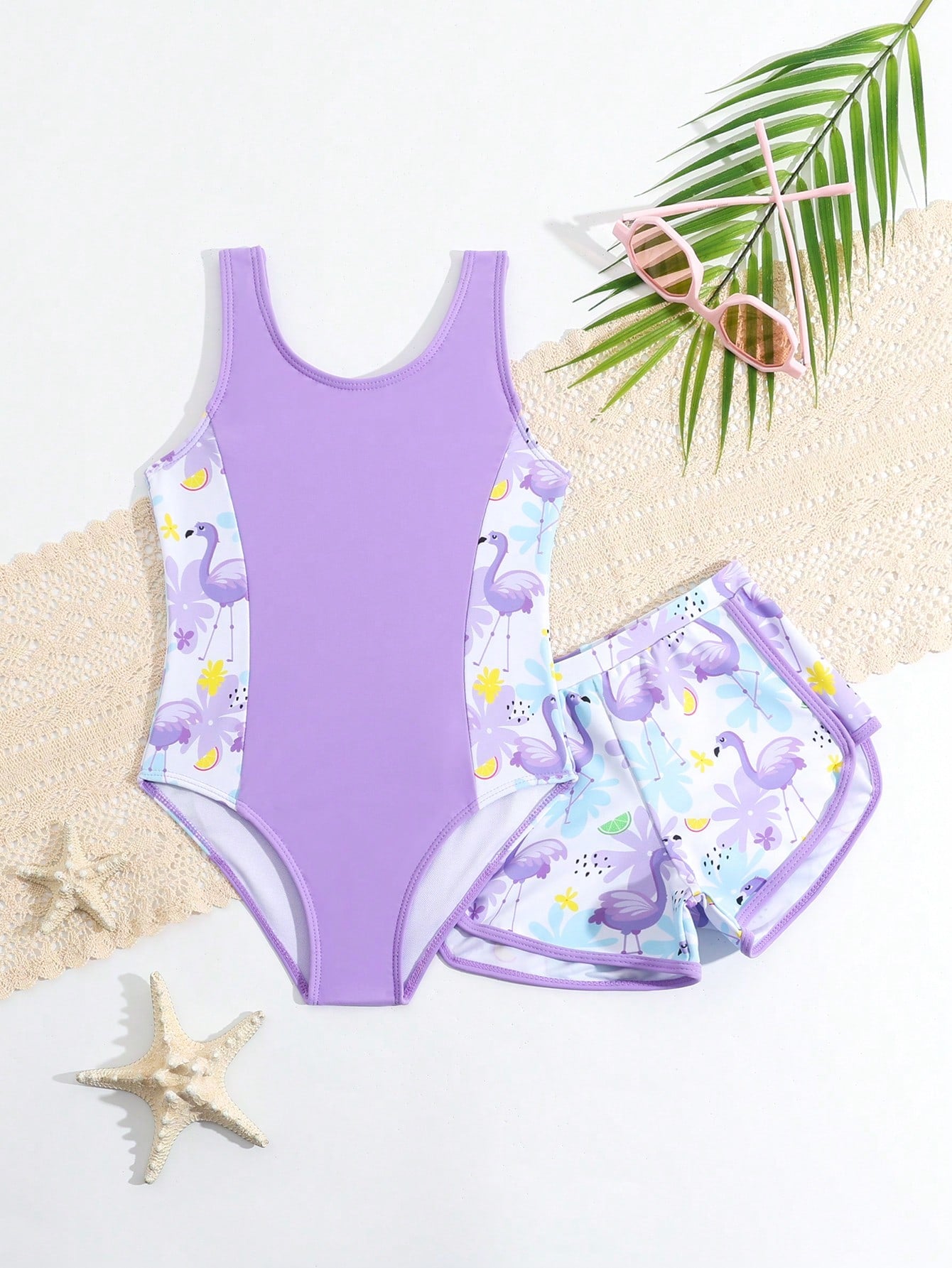 Young Girl Colorblock Flamingo Print One-Piece Swimsuit With Vest And Shorts Cover-Up