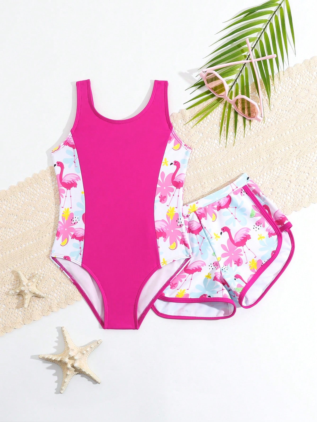 Young Girl Colorblock Flamingo Print One-Piece Swimsuit With Vest And Shorts Cover-Up