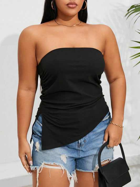 Plus Size Black Pleated Slit Strapless Knit Stretch Top