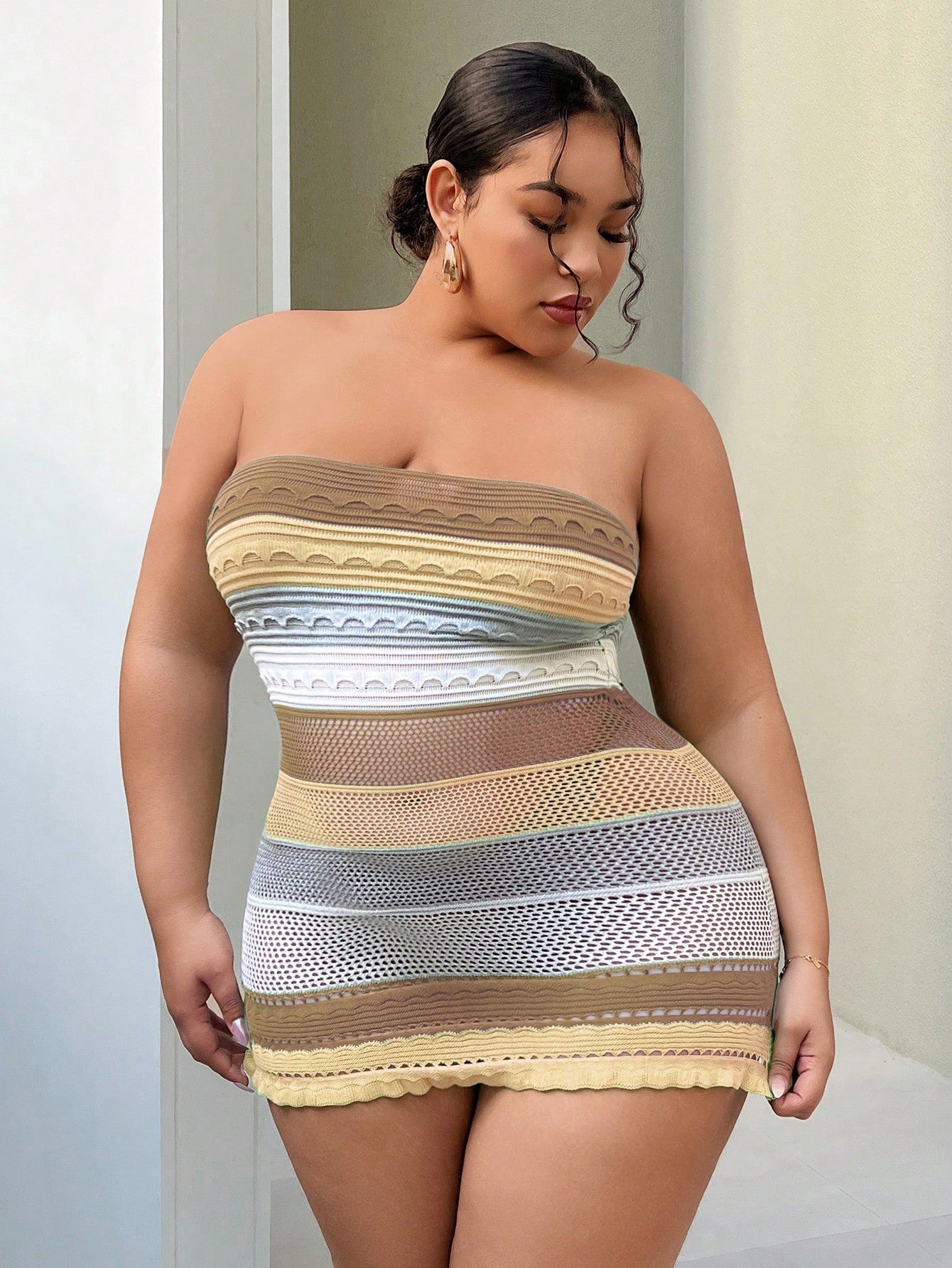 Plus Size Striped Sexy Color Block Bandeau Bodycon Sweater Dress