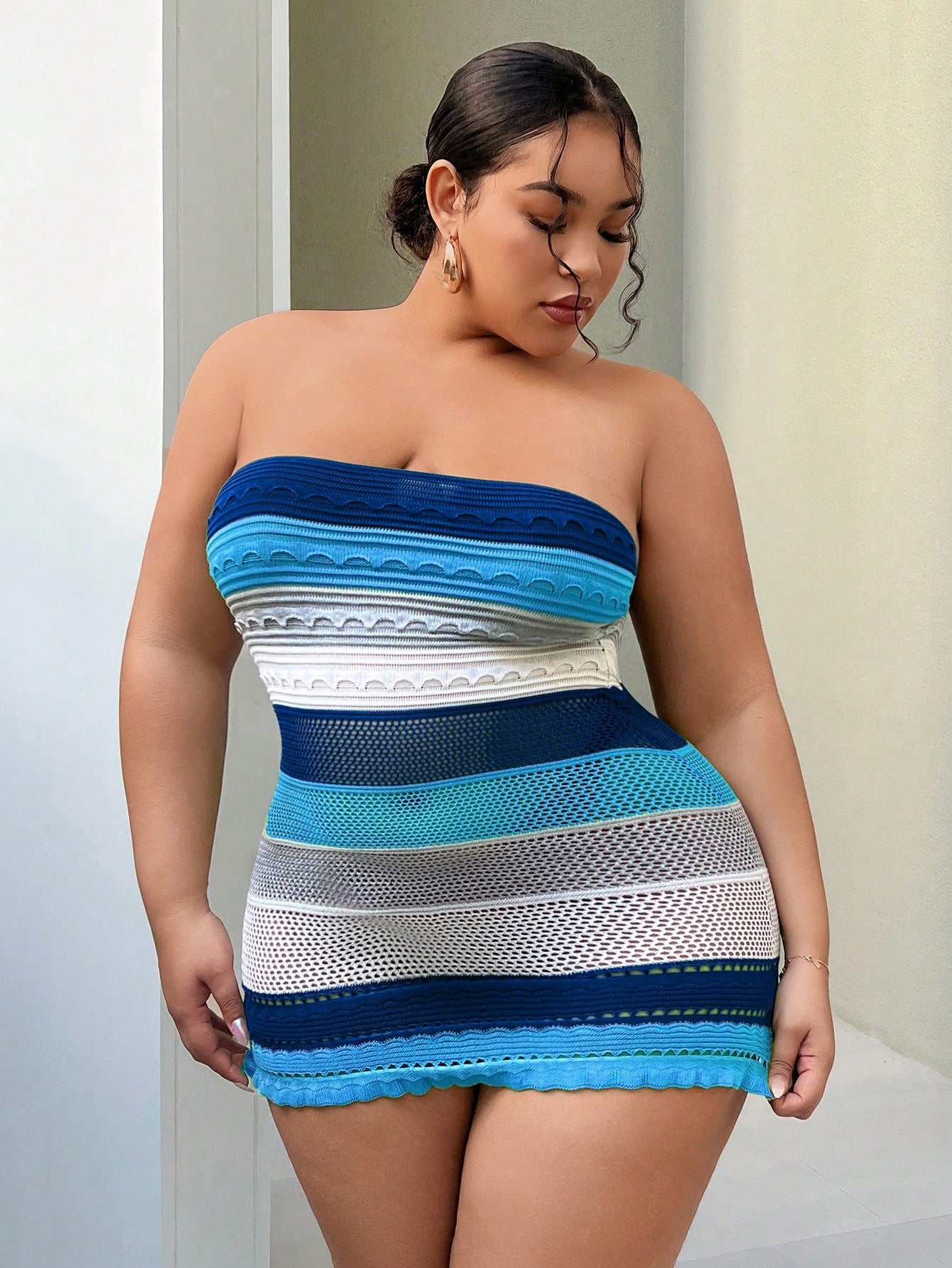 Plus Size Striped Sexy Color Block Bandeau Bodycon Sweater Dress