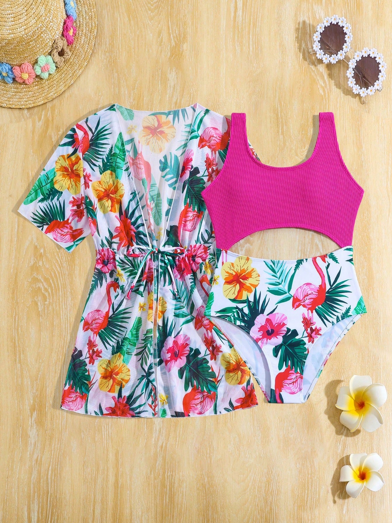 Tween Girl Tropical Plant Print One-Piece Swimsuit With Cut-Out Waist