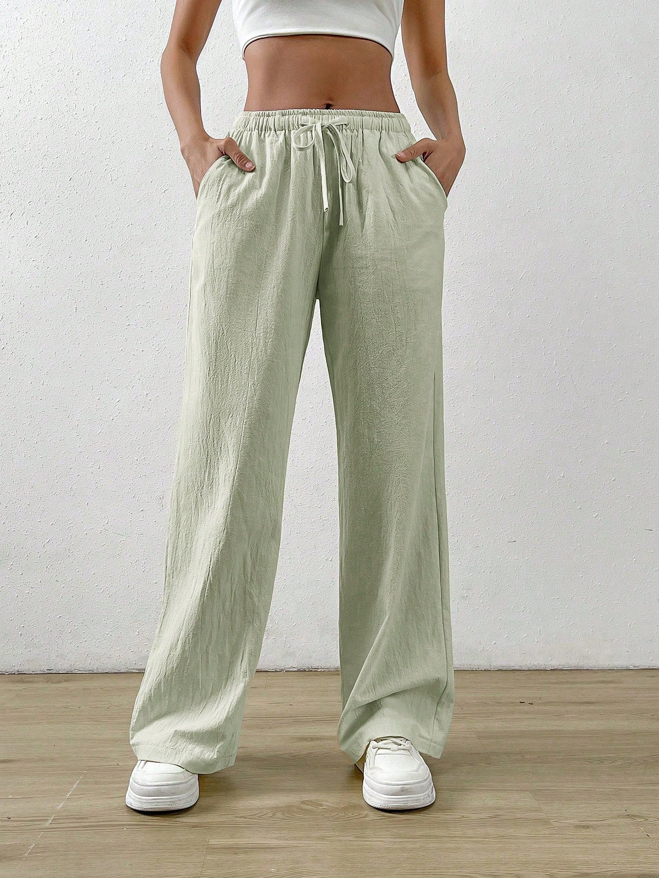 Cotton Loose Straight Drawstring Waist Slant Pocket Pants