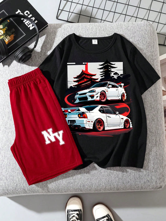 White Car, Tween Boy Casual Simple Round Neck Short Sleeve T-Shirts And Shorts Set, Summer