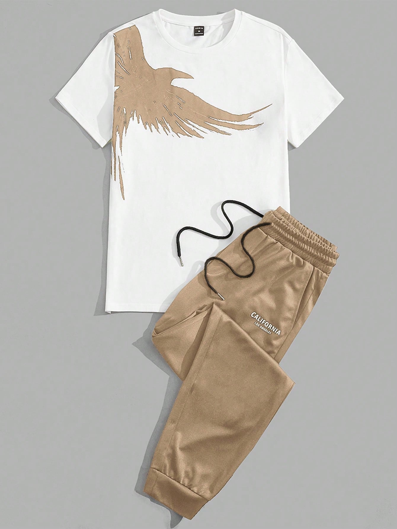 Men Cotton Eagle Print Tee & Letter Graphic Drawstring Waist Pants