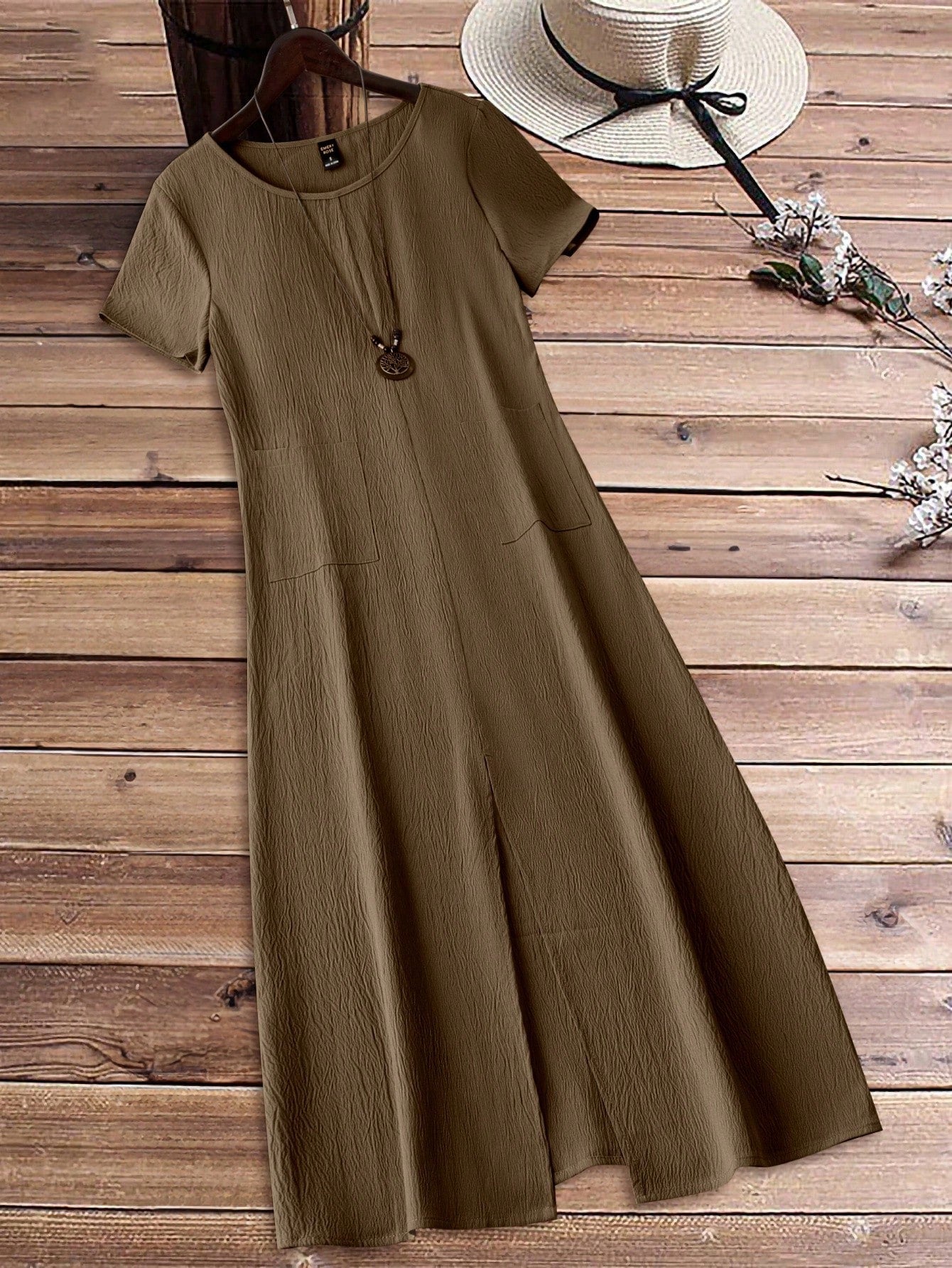 Women's Short Sleeve Midi Dress With Pocket, Round Neck, High Low Hem, For Spring And Summer