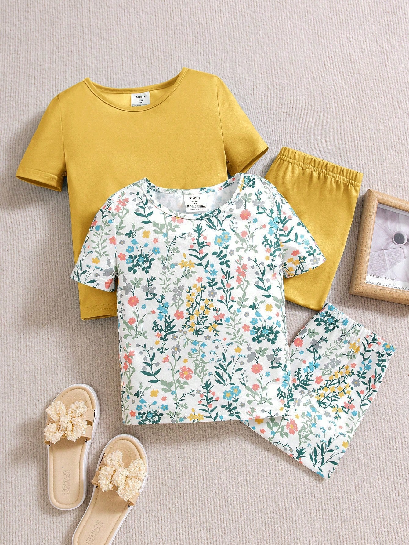 Young Girls' Knitted Floral Print Fitted Top And Shorts Snug Fit Homewear Set, 2 Sets