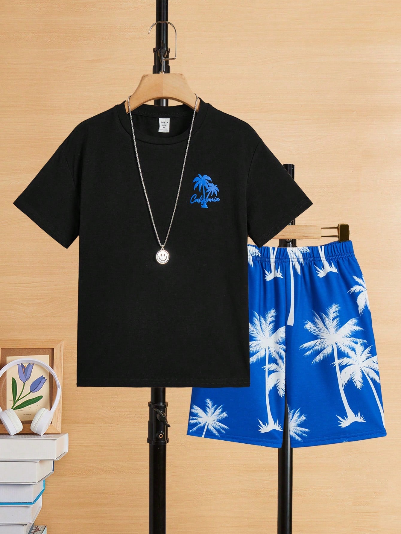 Tween Boys' Coconut Tree Printed Round Neck Short Sleeve T-Shirt And Knitted Shorts Set For Holiday