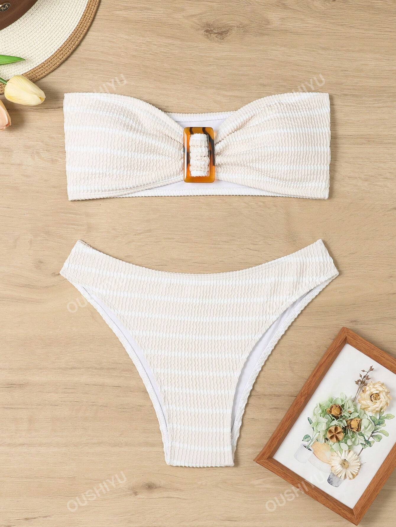 Striped Buckle Detail Bandeau Bikini Set With Special Fabric