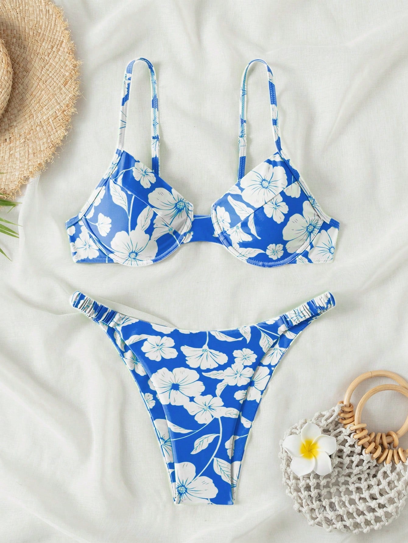 Swim Summer Beach Floral Print V-Neck Halter Bikini Set